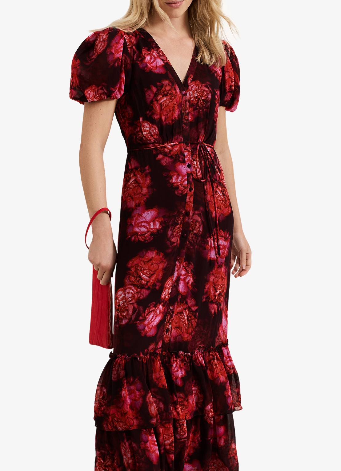 Phase Eight Amaris maxi blousejurk met bloemenprint en strikceintuur - detail 4 rood