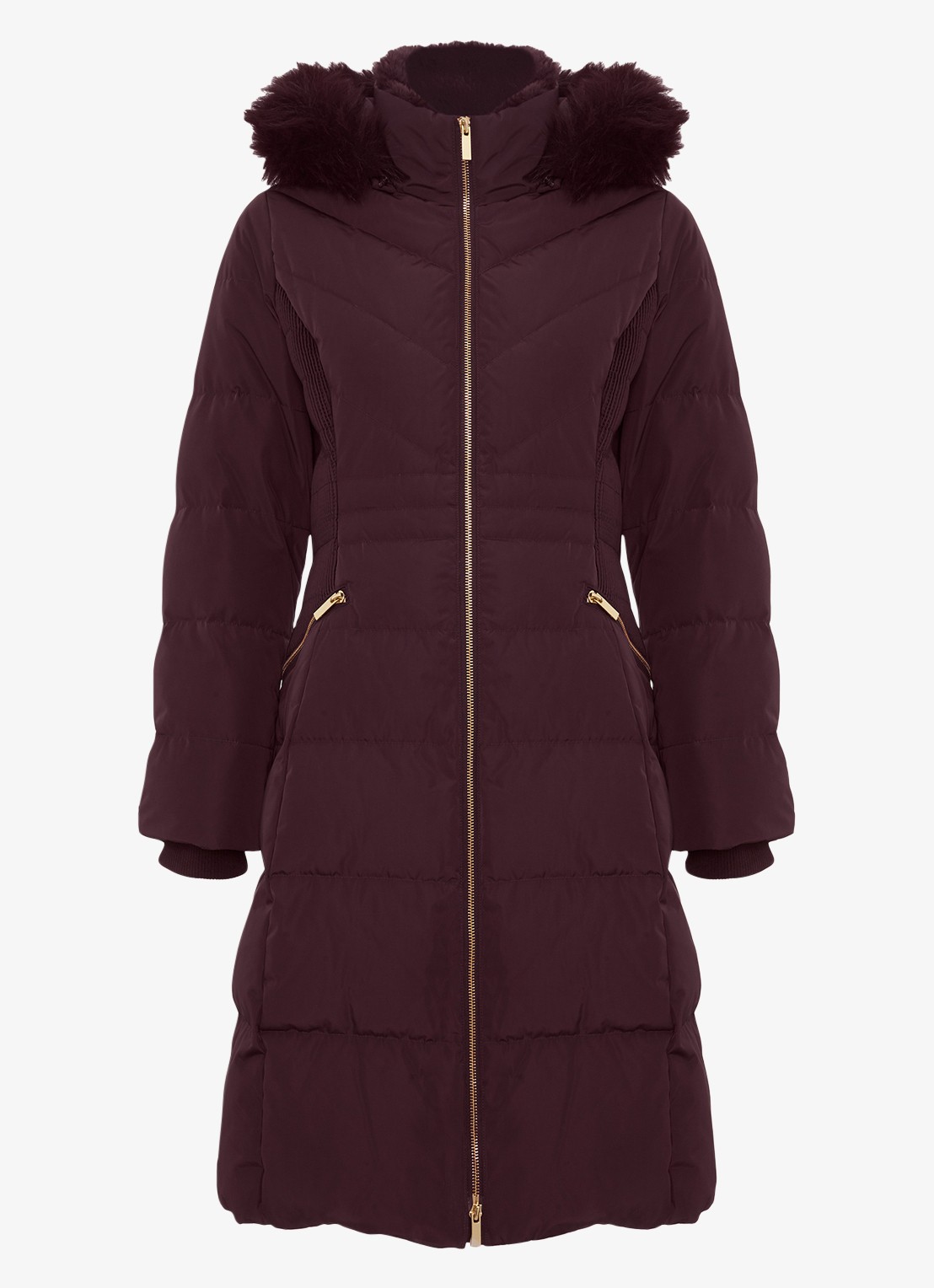 Phase Eight Amber puffer jas met capuchon - voorkant 7 aubergine