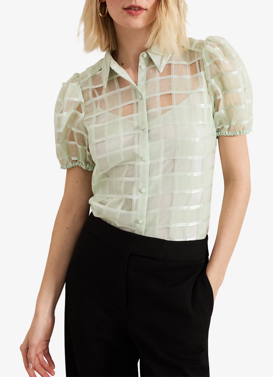 Phase Eight Angie semi-transparante blouse met ruitdessin - detail 2 lindegroen
