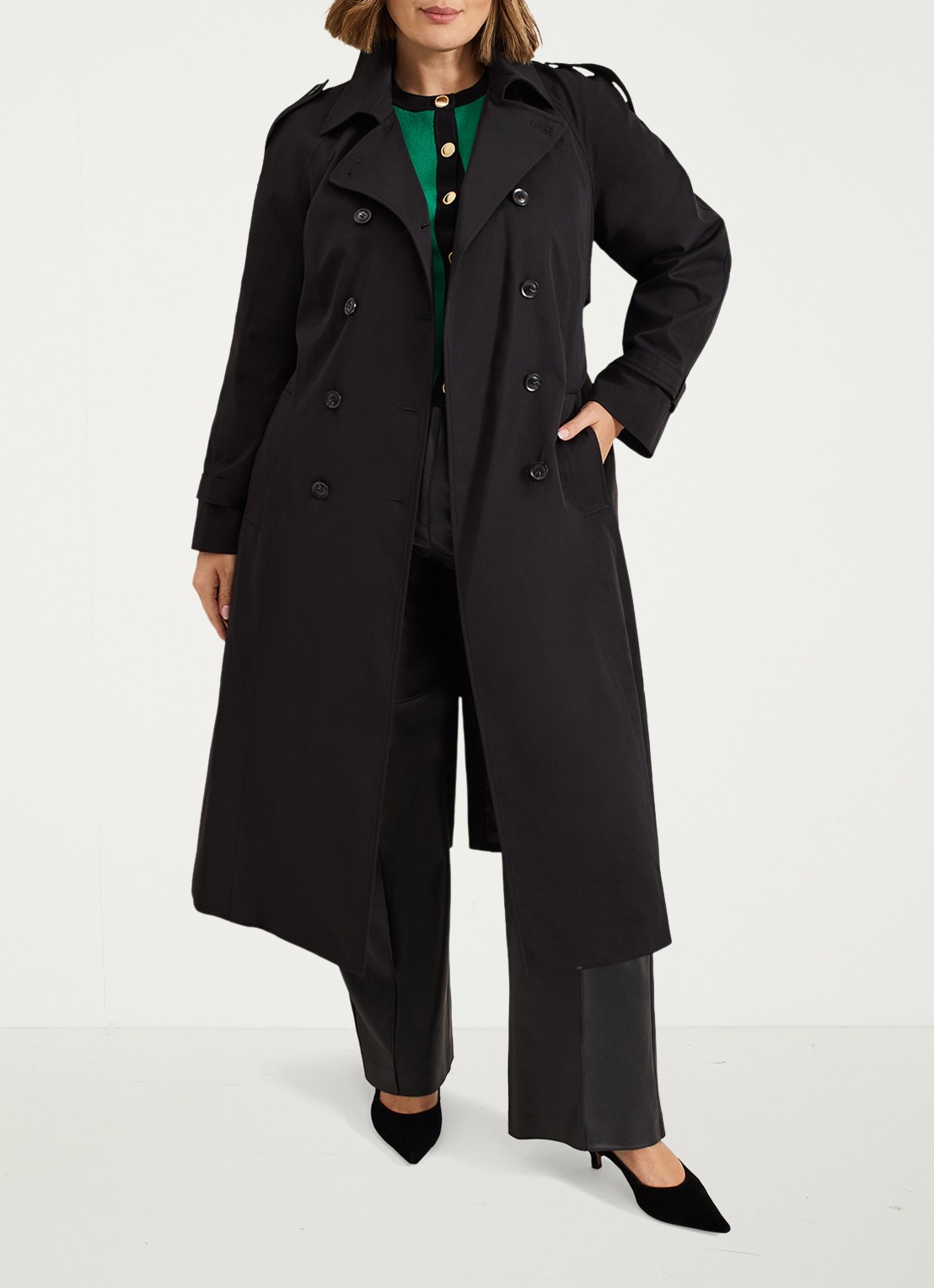 Phase Eight Avalie double-breasted trenchcoat met steekzakken - voorkant zwart