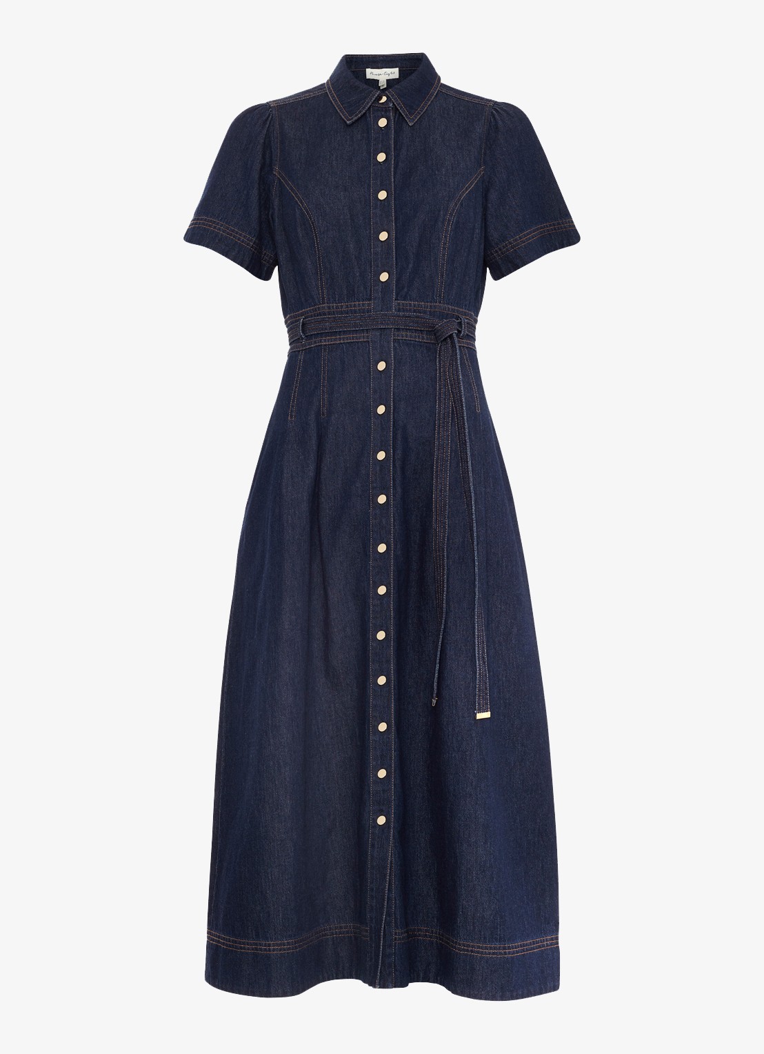 Phase Eight Aven midi blousejurk van denim met strikceintuur - voorkant donkerblauw