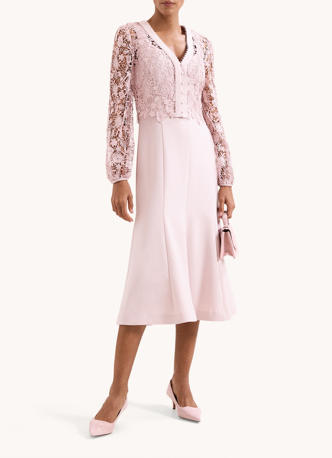 Phase Eight Ayumi Pink midi jurk met vest van broderie - voorkant 2 oudroze