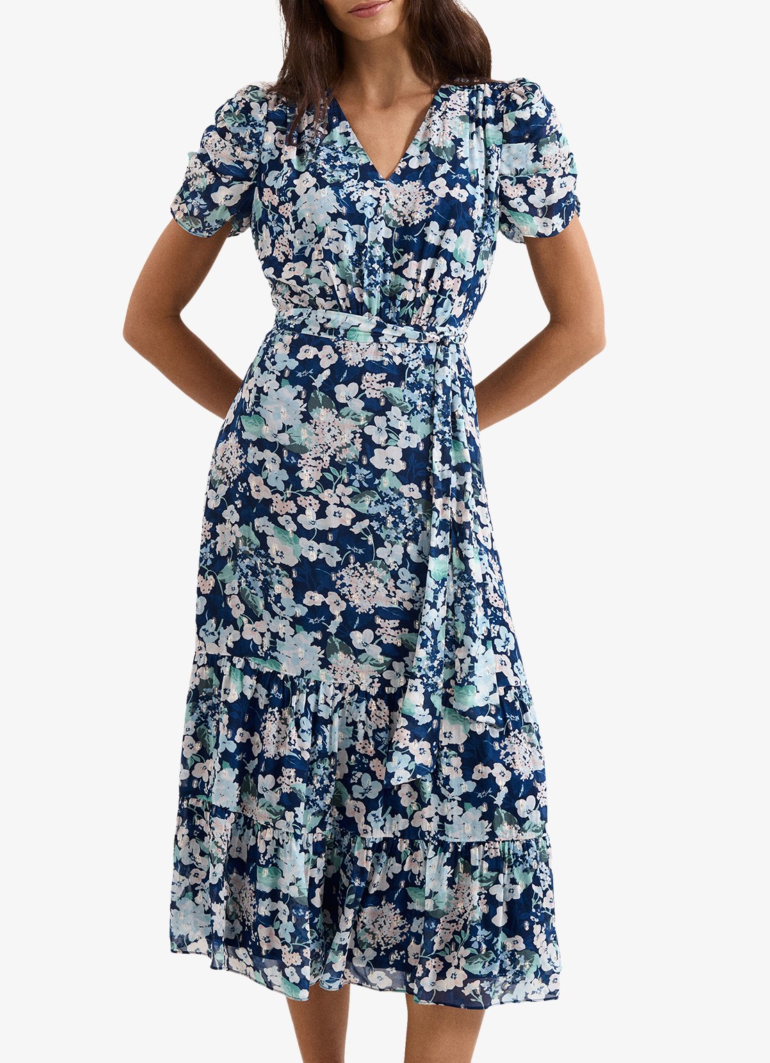 Phase Eight Azalea midi jurk met bloemenprint en strikceintuur - detail 4 donkerblauw