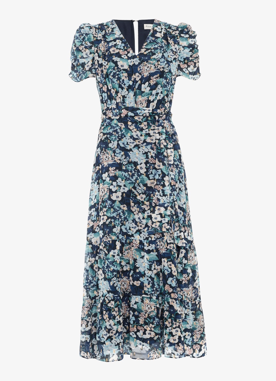 Phase Eight Azalea midi jurk met bloemenprint en strikceintuur - voorkant 2 donkerblauw