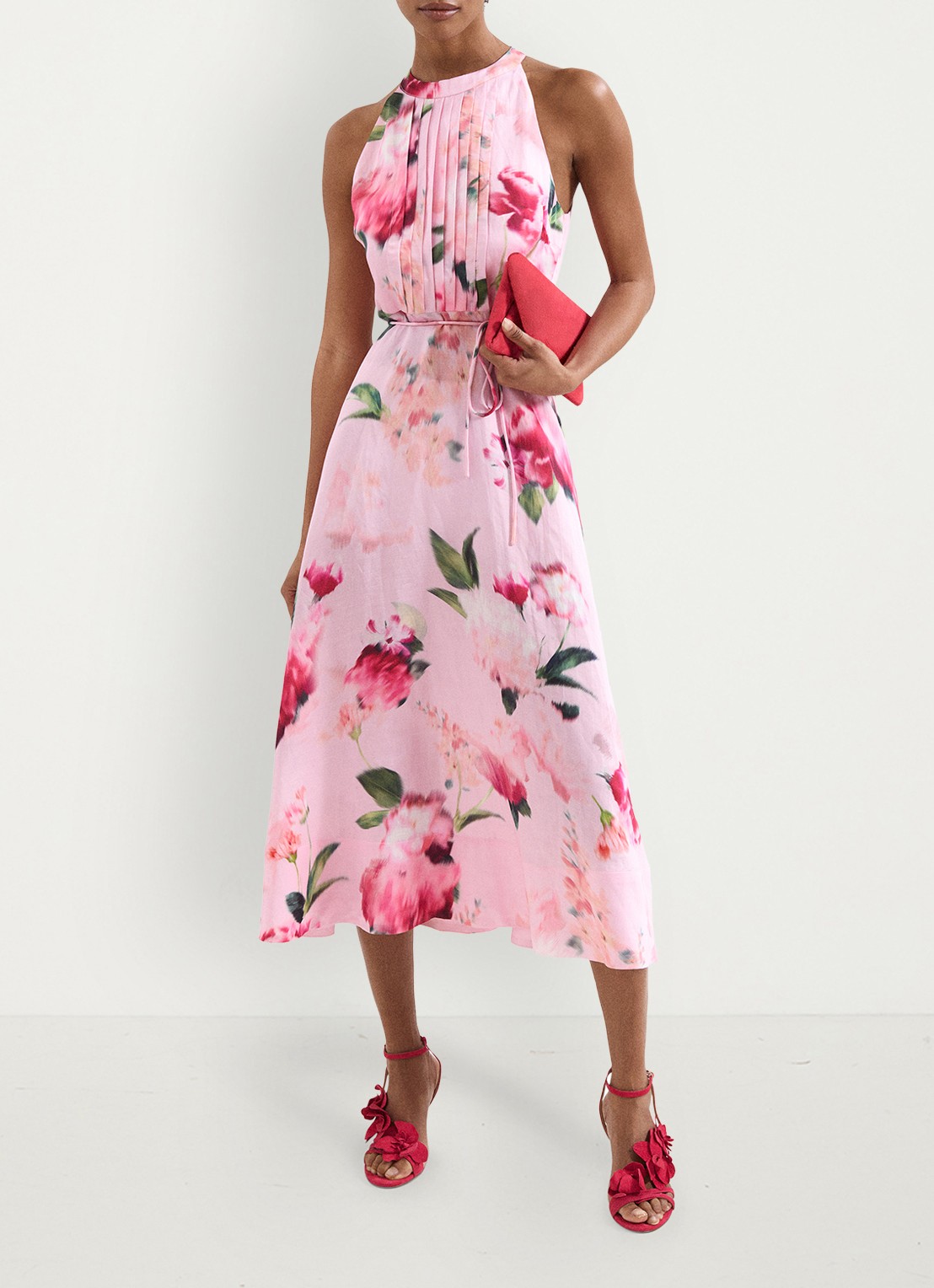 Phase Eight Bethany midi jurk in linnenblend met bloemenprint - voorkant 2 roze