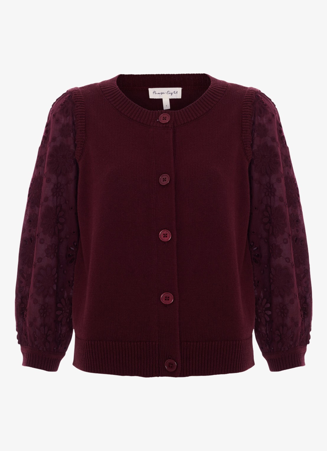 Phase Eight Blythe fijngebreid vest met broderie - voorkant 6 bourgogne 