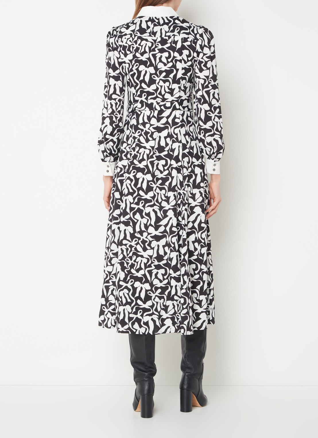 Phase Eight Bonnie midi blousejurk met print en strikceintuur  - achterkant zwart