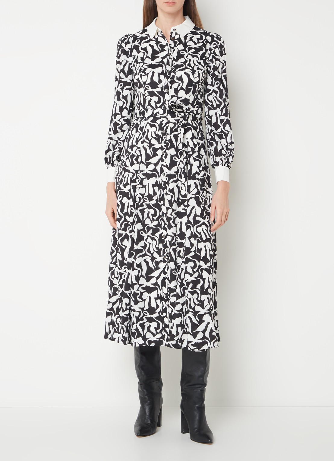 Phase Eight Bonnie midi blousejurk met print en strikceintuur  - detail 4 zwart
