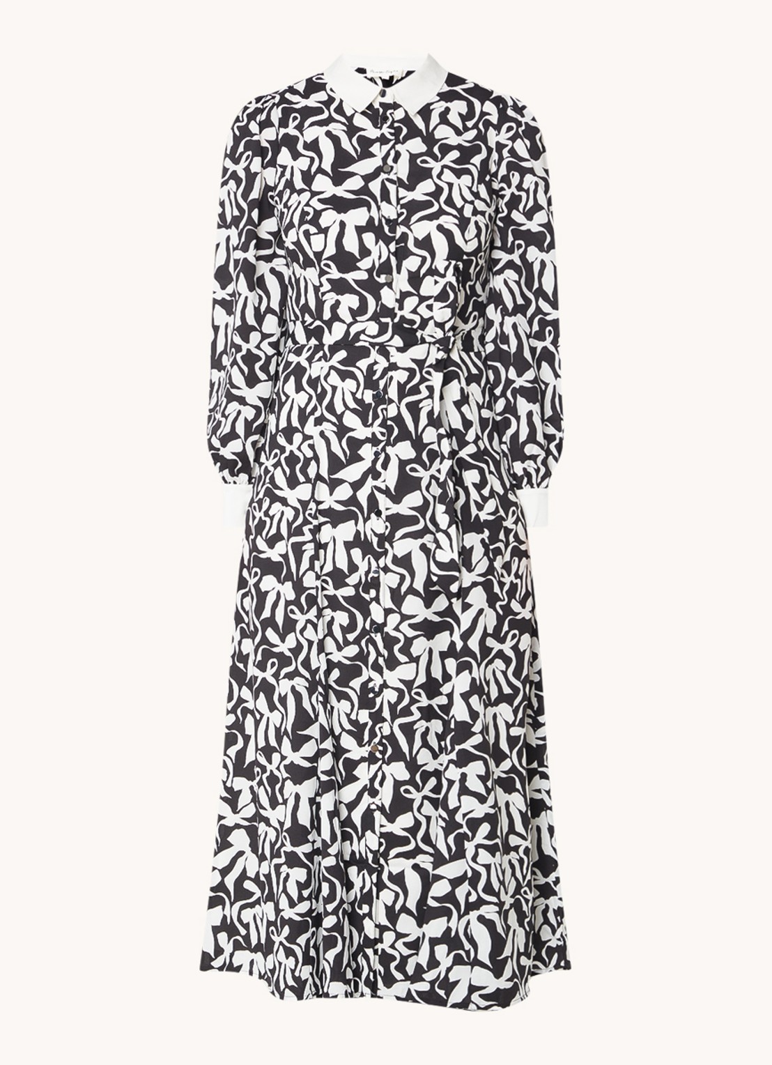 Phase Eight Bonnie midi blousejurk met print en strikceintuur  - voorkant 2 zwart