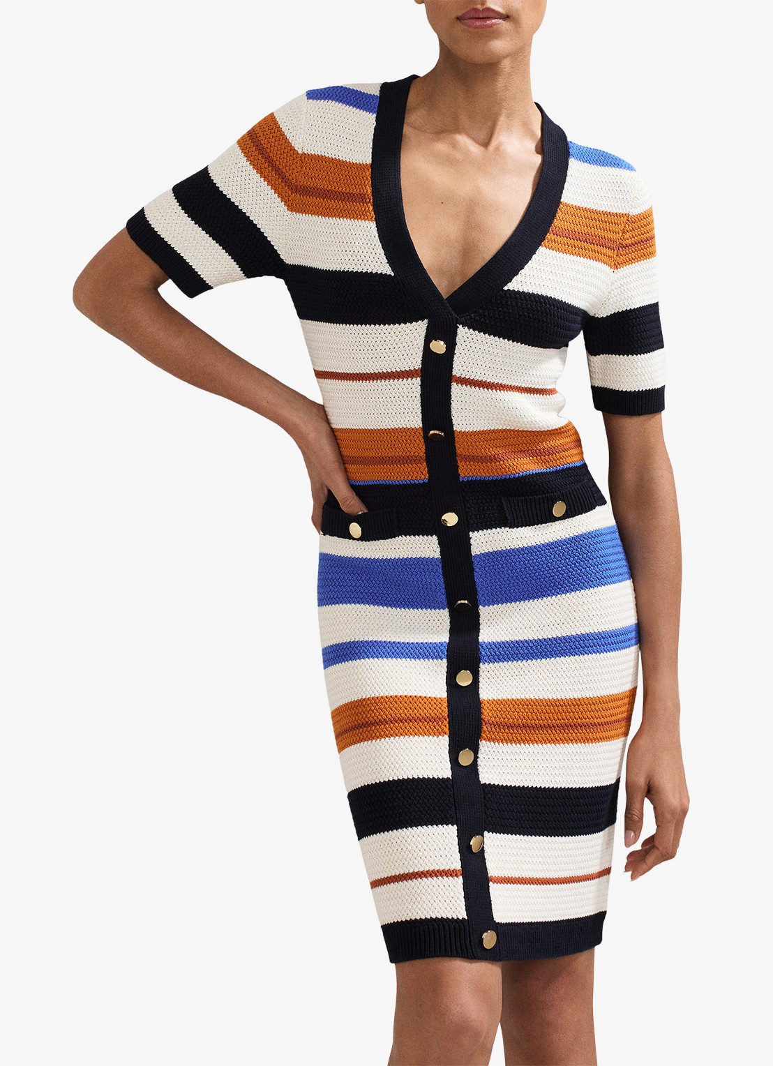 Phase Eight Bridget grofgebreide midi jurk met streepprint - detail zwart