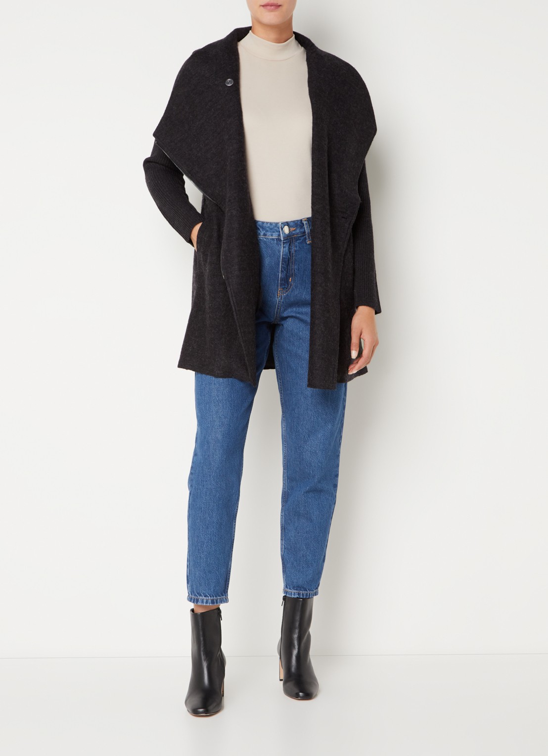 Phase Eight Byanca mantel in wolblend met rib en asymmetrische ritssluiting - voorkant 3 donkergrijs