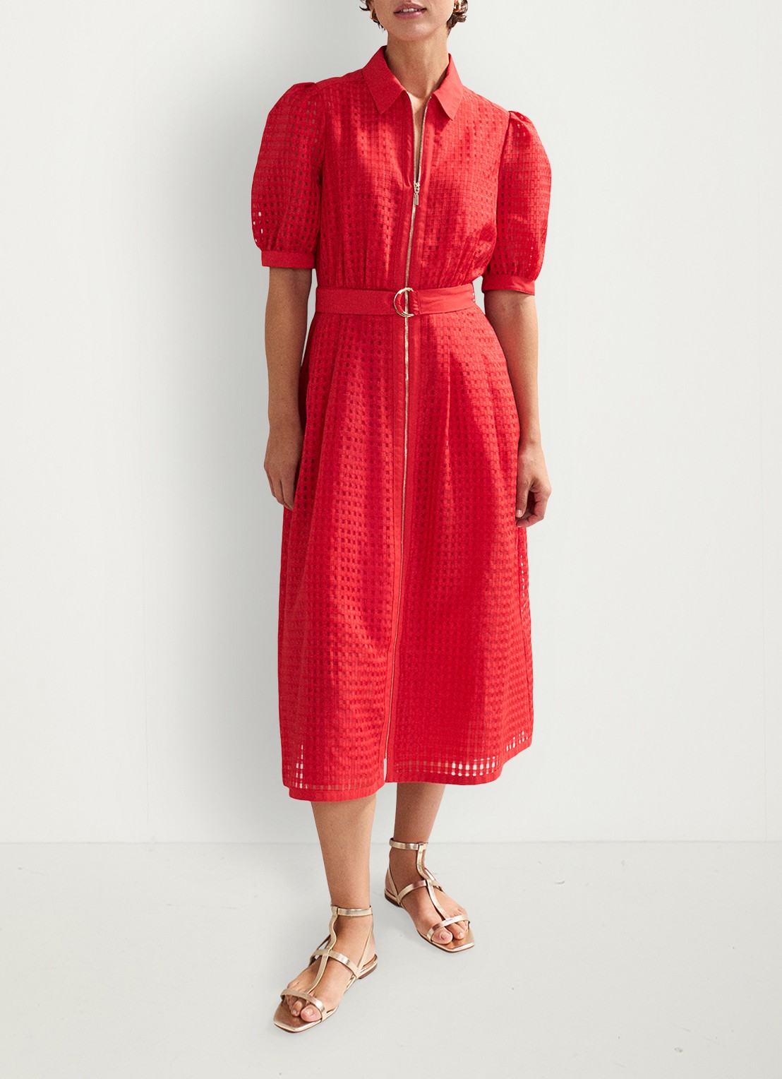 Phase Eight Carey midi jurk met ruitdessin - voorkant 3 koraalrood