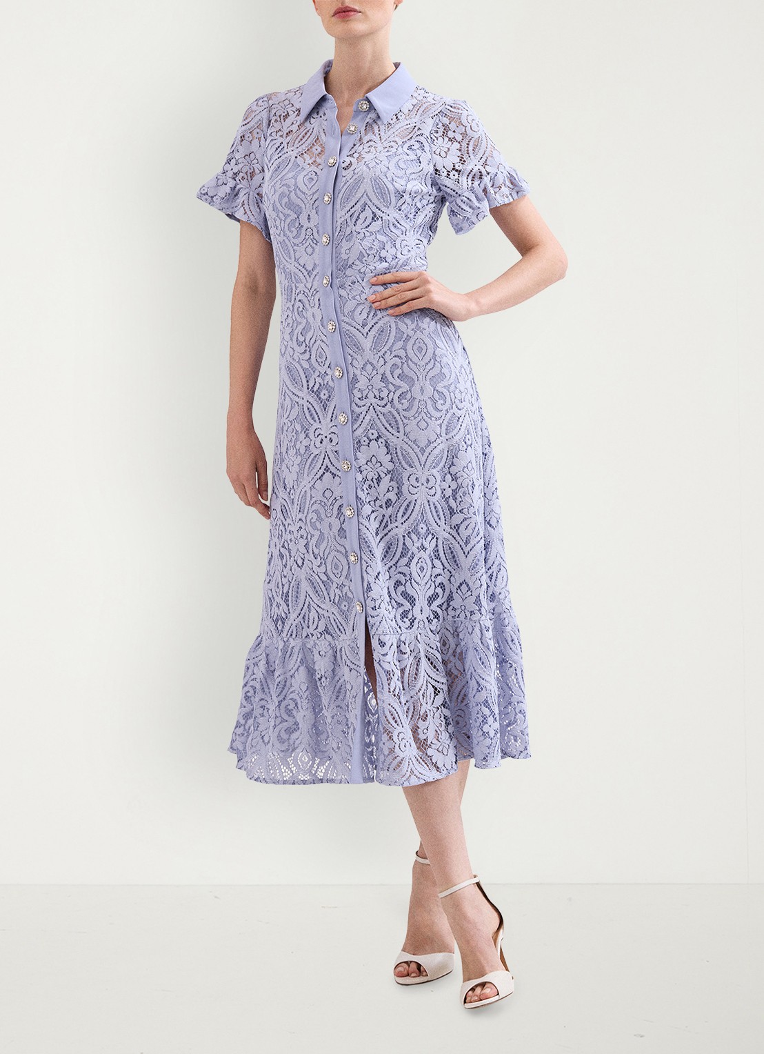 Phase Eight Carmine midi blousejurk met details van kant - voorkant 3 lichtblauw