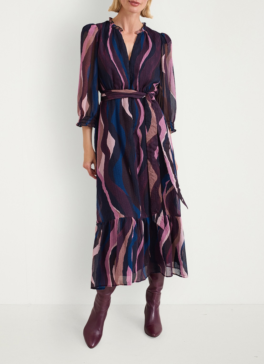 Phase Eight Carra midi jurk met grafische print - voorkant 8 paars