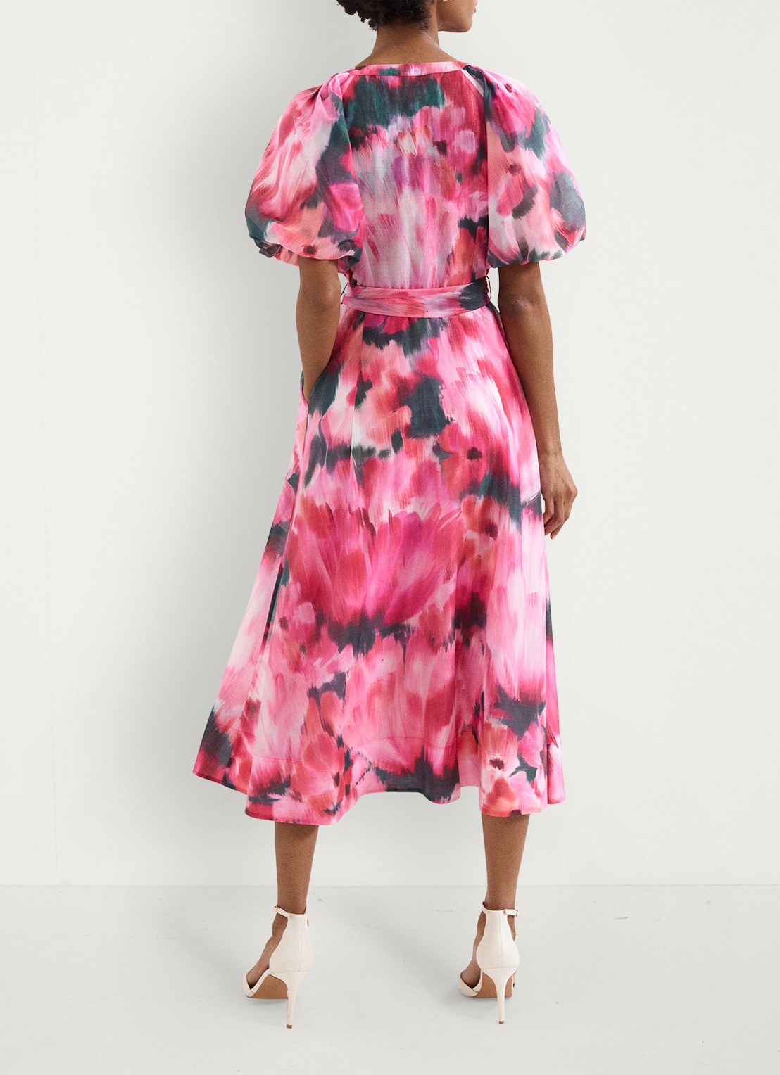 Phase Eight Caterina midi jurk met pofmouw en print - achterkant roze