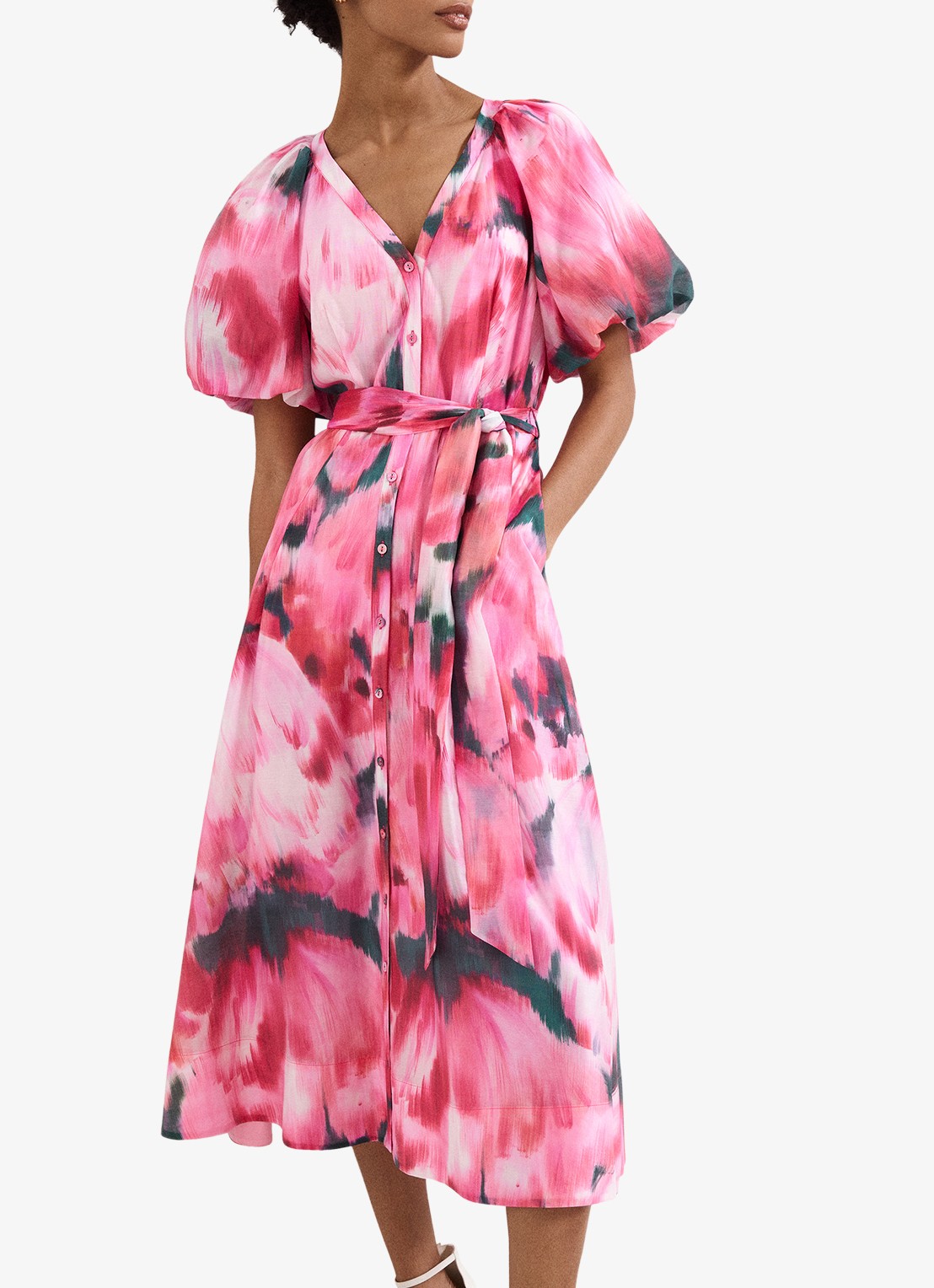 Phase Eight Caterina midi jurk met pofmouw en print - detail 2 roze