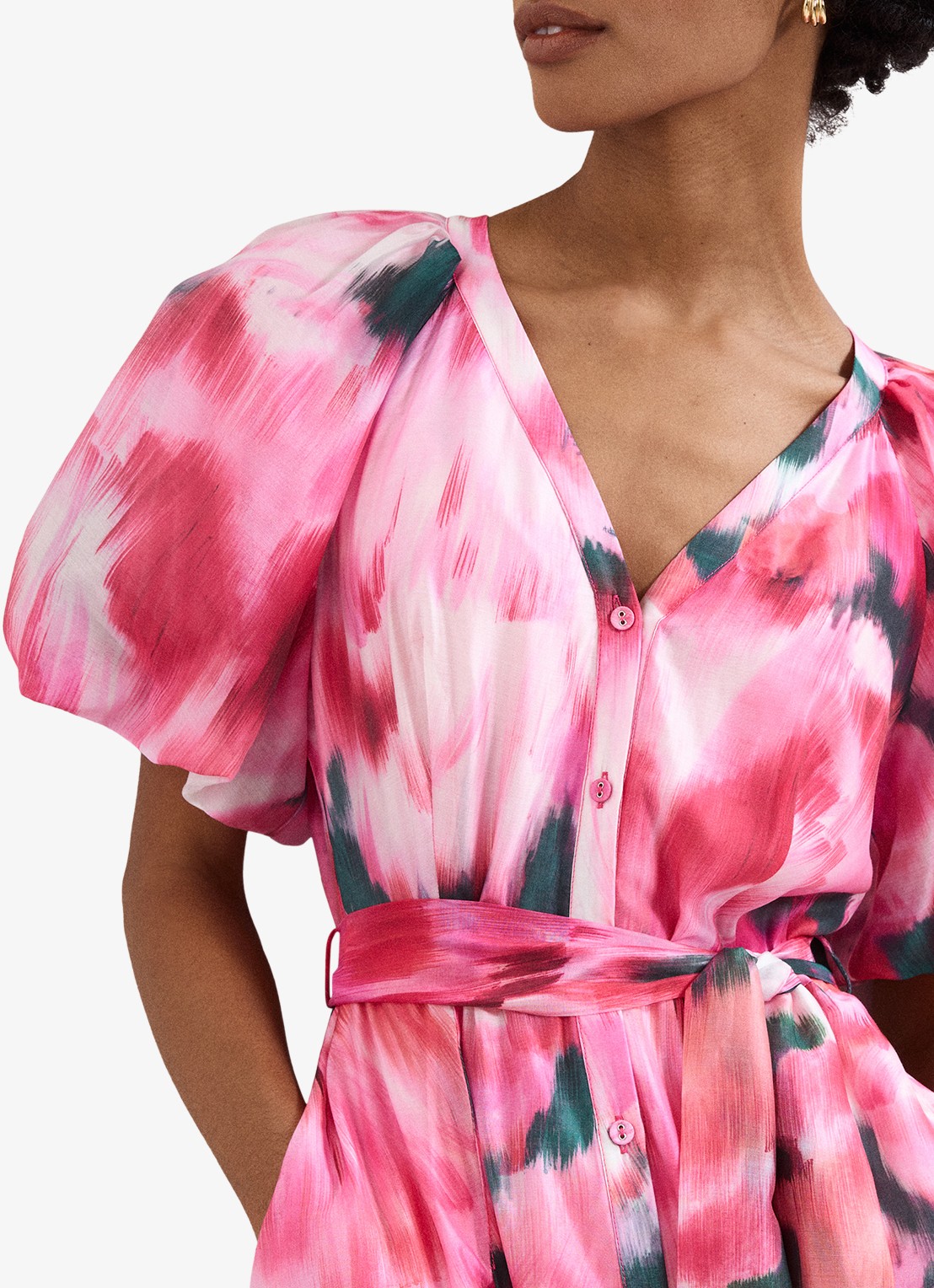 Phase Eight Caterina midi jurk met pofmouw en print - detail 3 roze