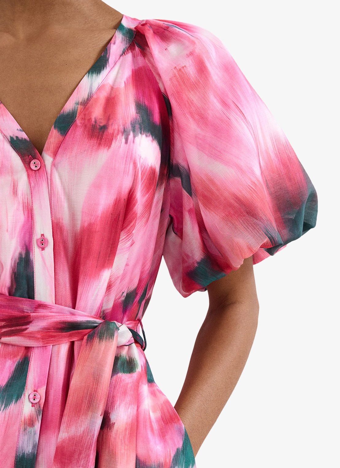 Phase Eight Caterina midi jurk met pofmouw en print - detail 4 roze