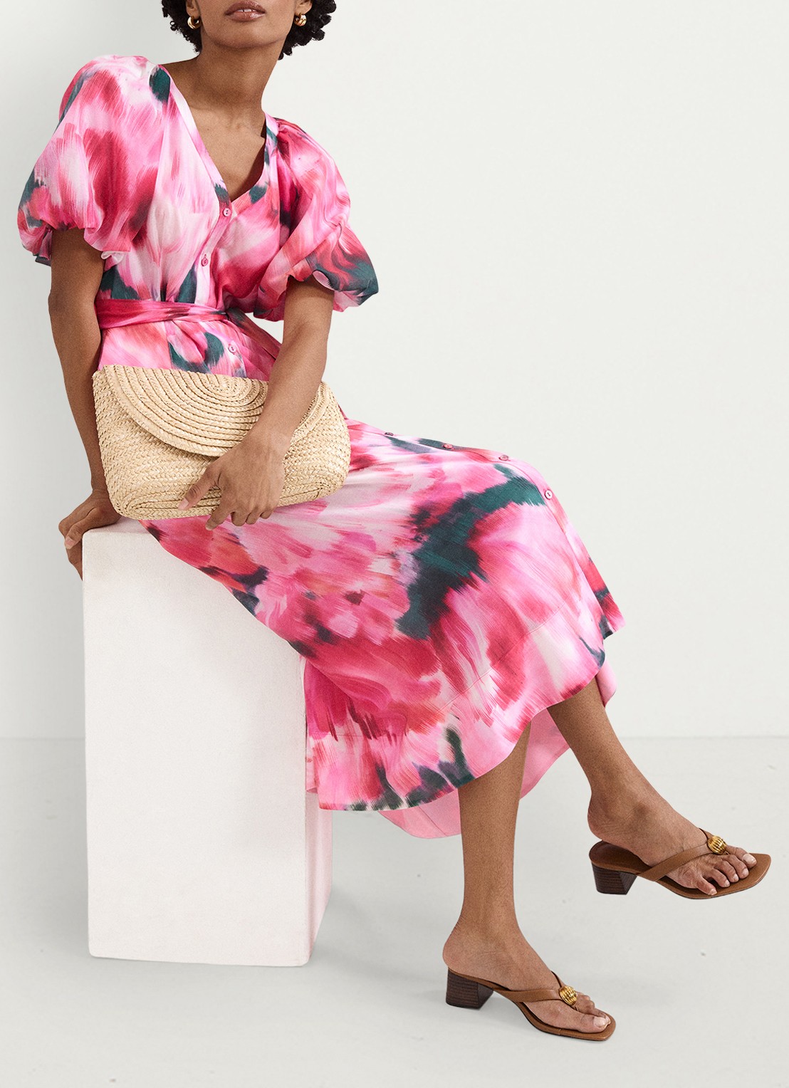 Phase Eight Caterina midi jurk met pofmouw en print - detail 6 roze