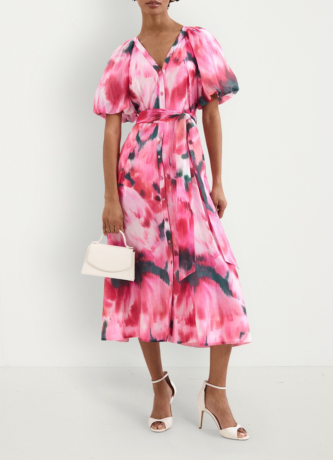Phase Eight Caterina midi jurk met pofmouw en print - voorkant 8 roze