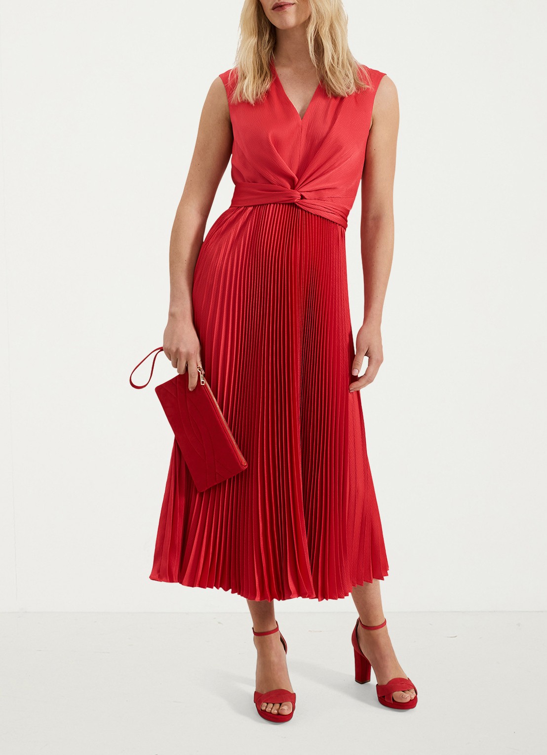 Phase Eight Celestia midi jurk met plissé en strikdetail - voorkant 3 rood