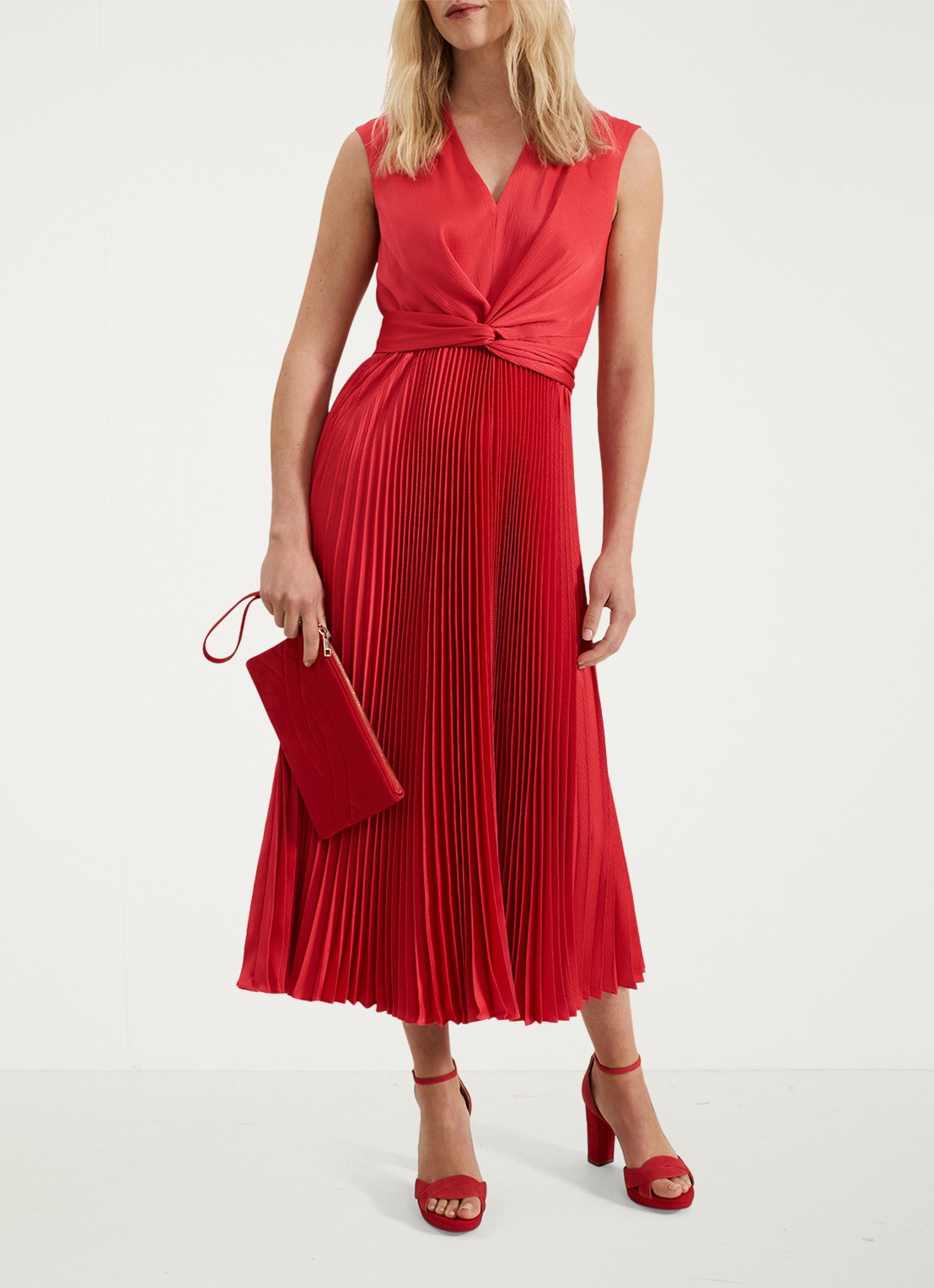 Phase Eight Celestia midi jurk met plissé en strikdetail - voorkant 3 rood
