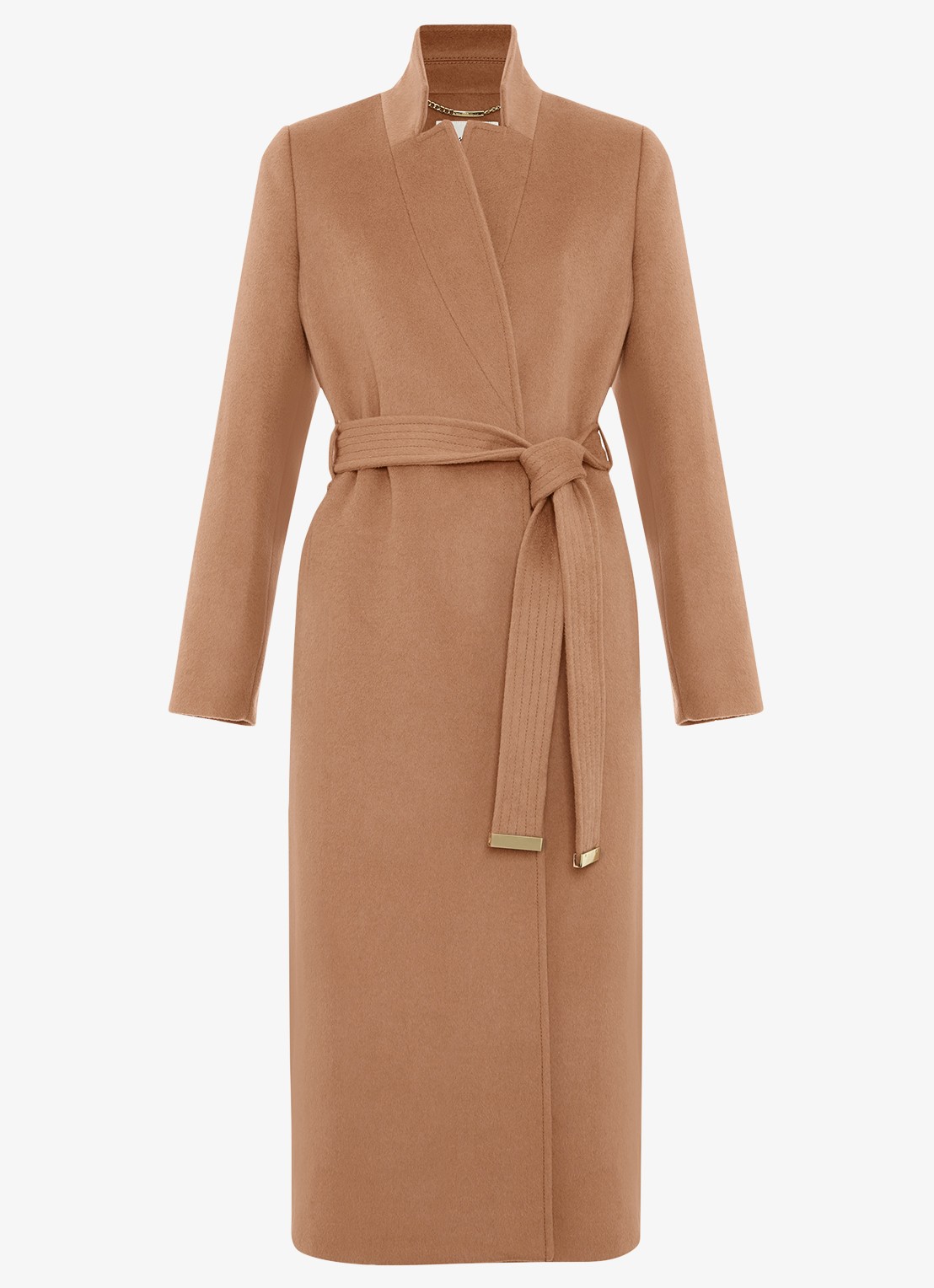 Phase Eight Charlotte mantel in wolblend met strikceintuur - voorkant 7 camel