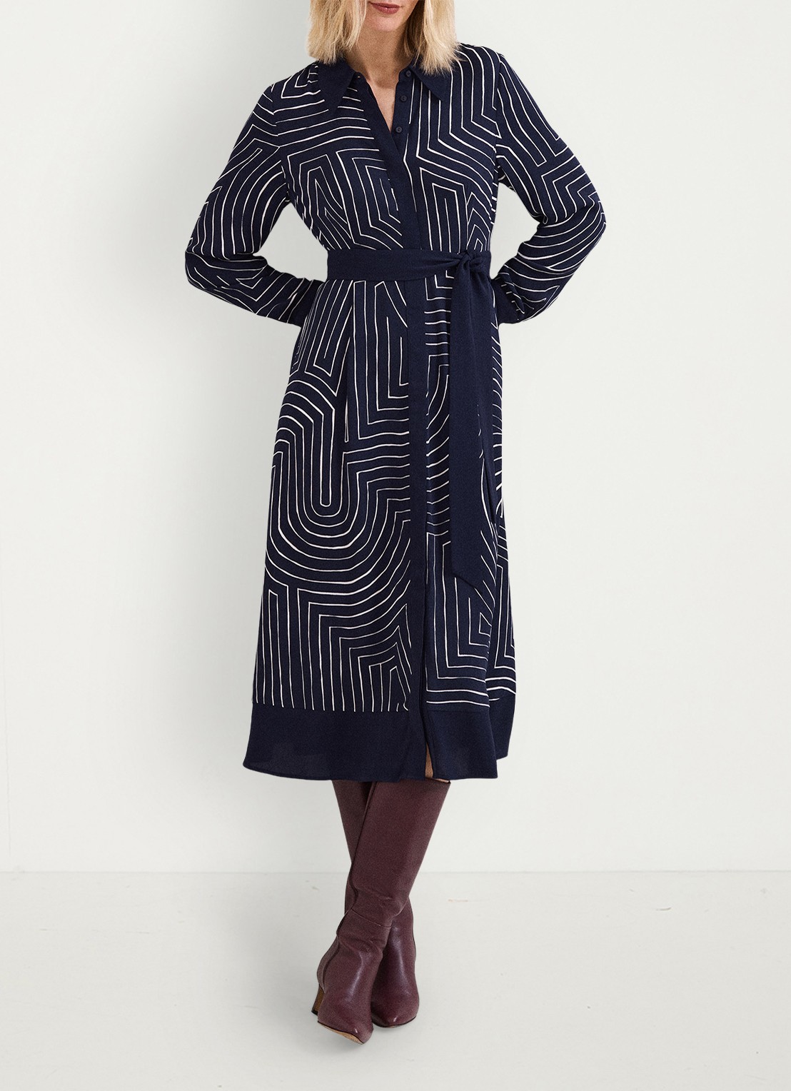 Phase Eight Charlotte midi jurk met grafische print - voorkant 3 donkerblauw