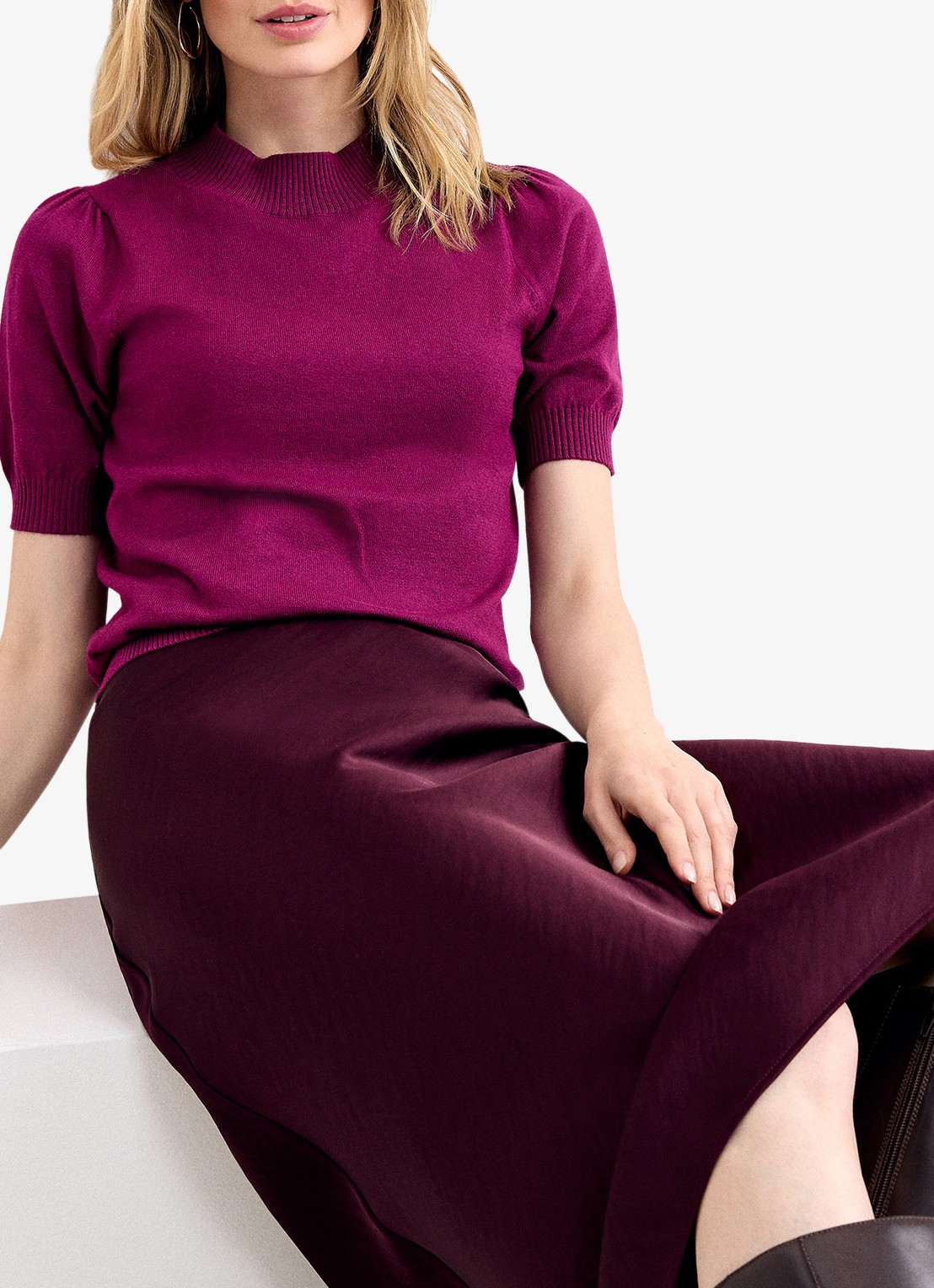 Phase Eight Charmaine fijngebreide top met ribdetails - detail 4 fuchsia