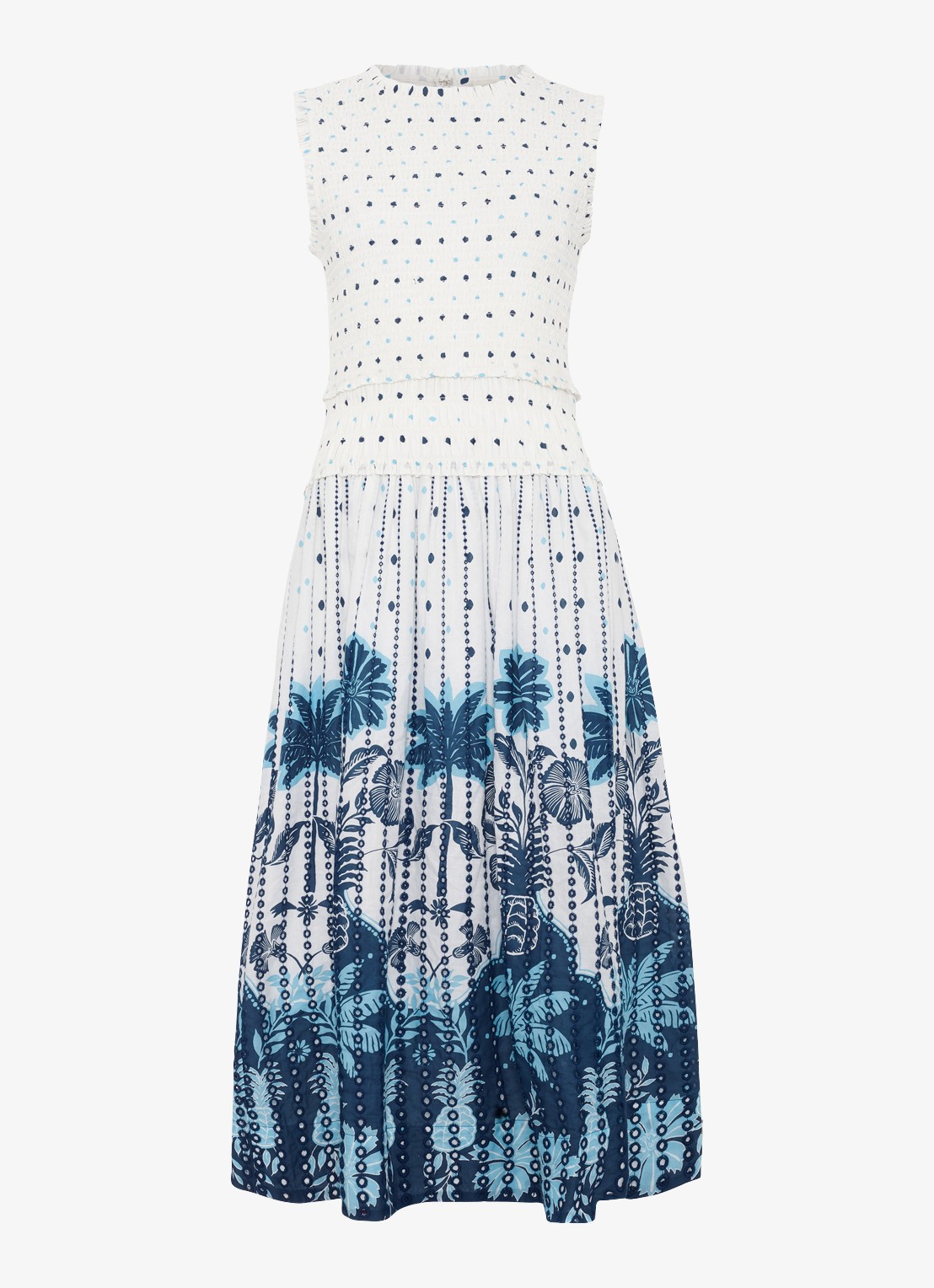Phase Eight Chiara midi jurk met print en smockwerk - voorkant 2 wit