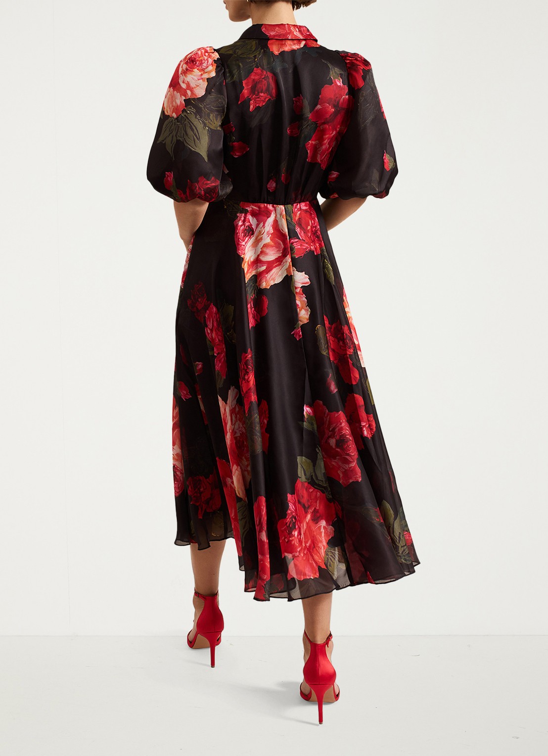Phase Eight Cilla midi jurk met bloemenprint en pofmouw - achterkant zwart