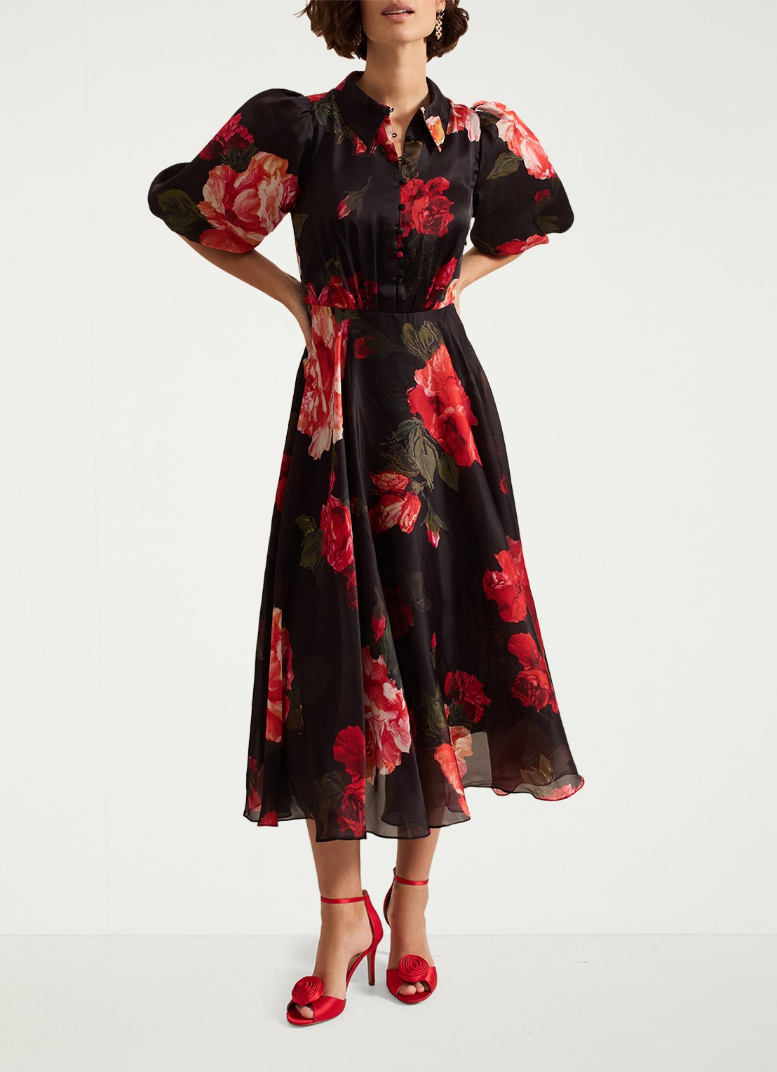 Phase Eight Cilla midi jurk met bloemenprint en pofmouw - detail 4 zwart