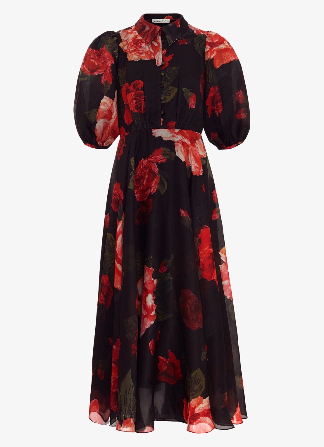 Phase Eight Cilla midi jurk met bloemenprint en pofmouw - voorkant 2 zwart