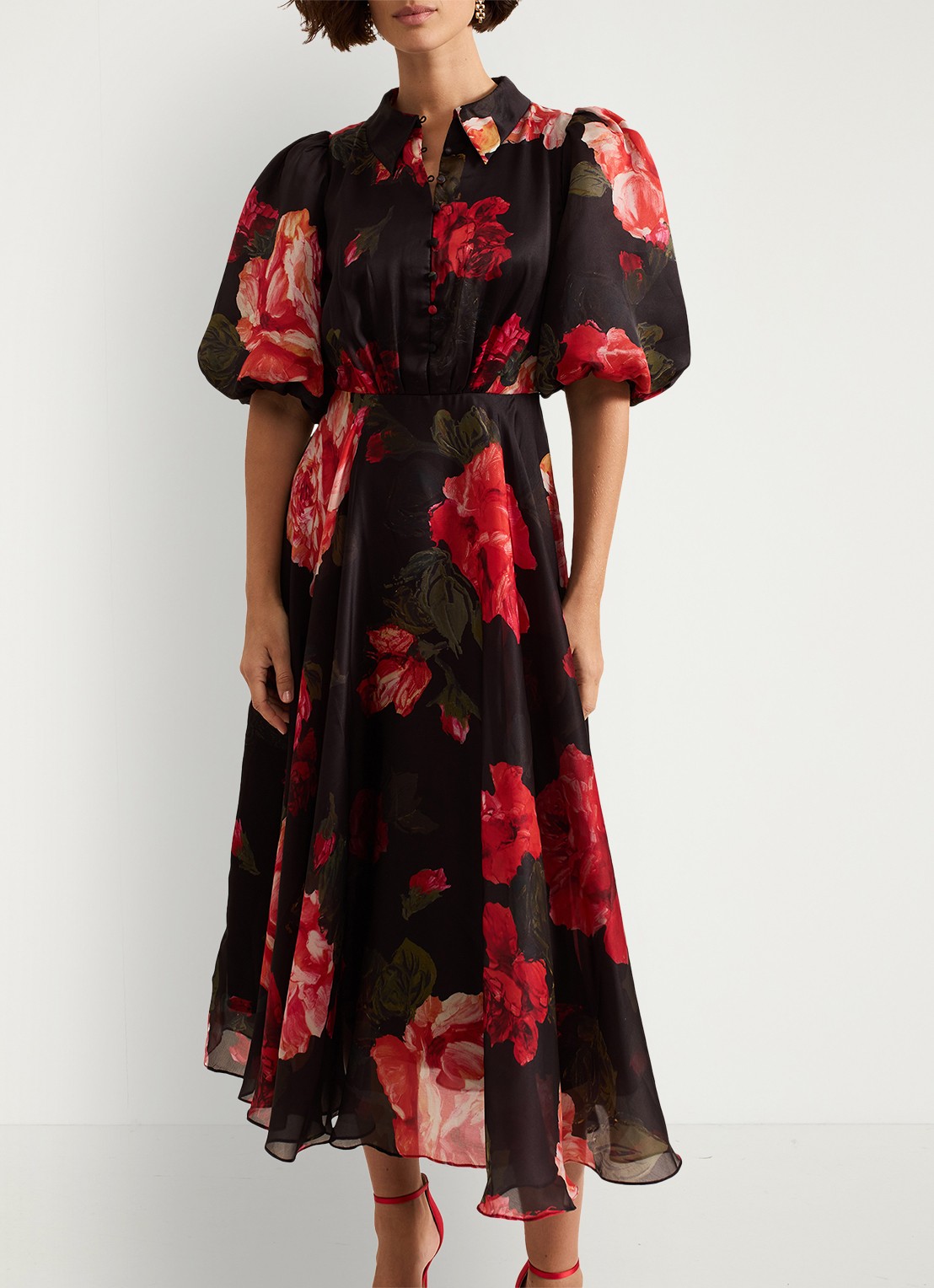 Phase Eight Cilla midi jurk met bloemenprint en pofmouw - voorkant 3 zwart