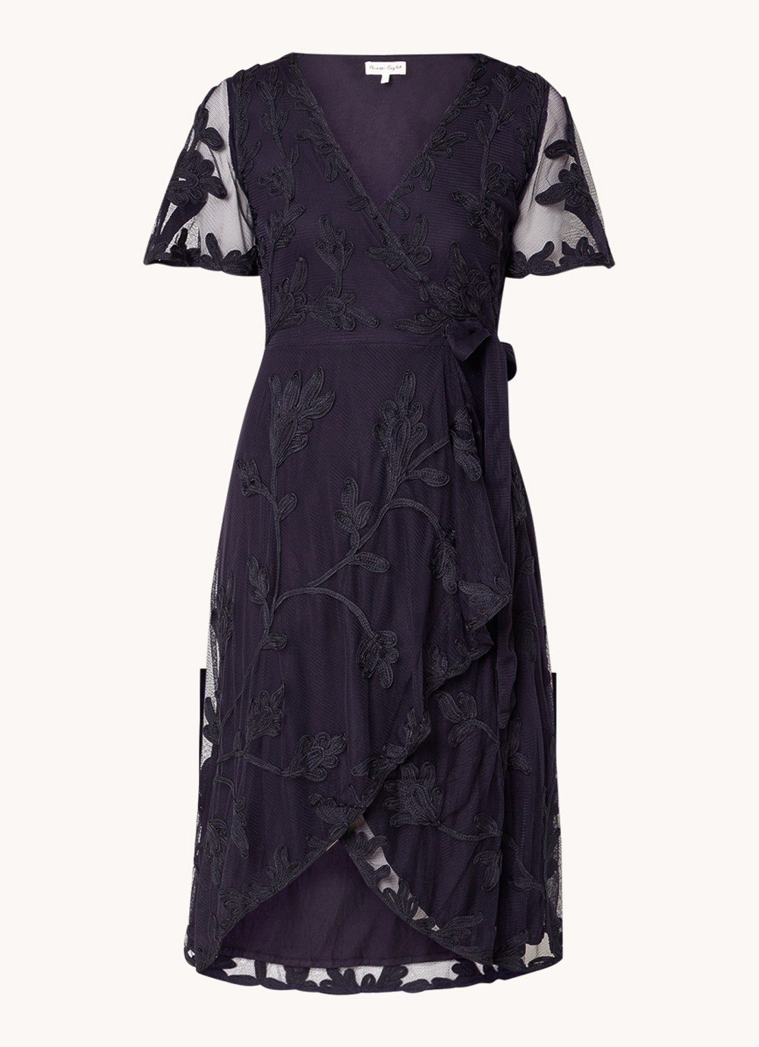Phase Eight Clara midi wikkeljurk met bloemborduring - voorkant donkerblauw