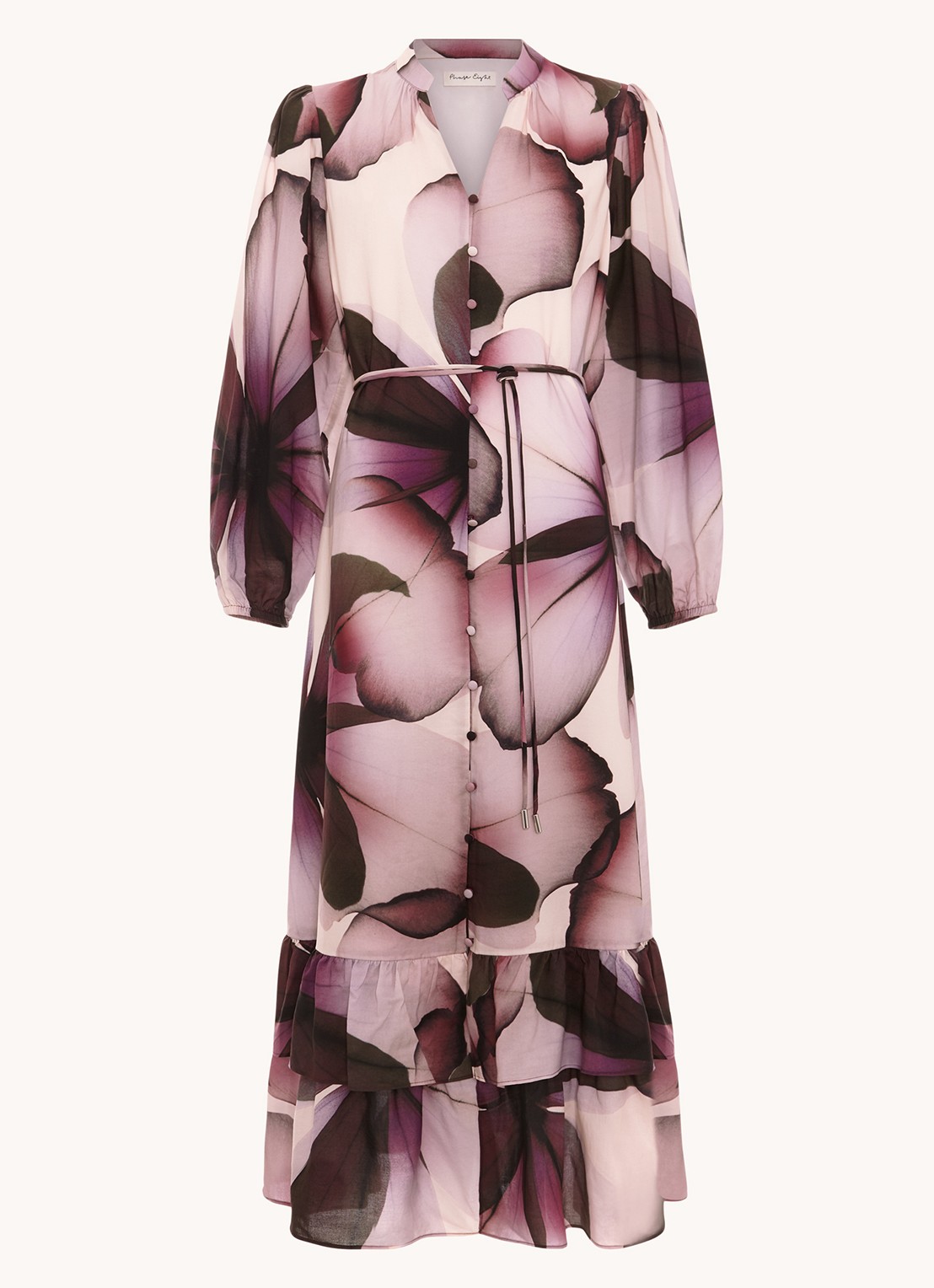 Phase Eight Clarra midi blousejurk  met bloemenprint - voorkant 2 paars