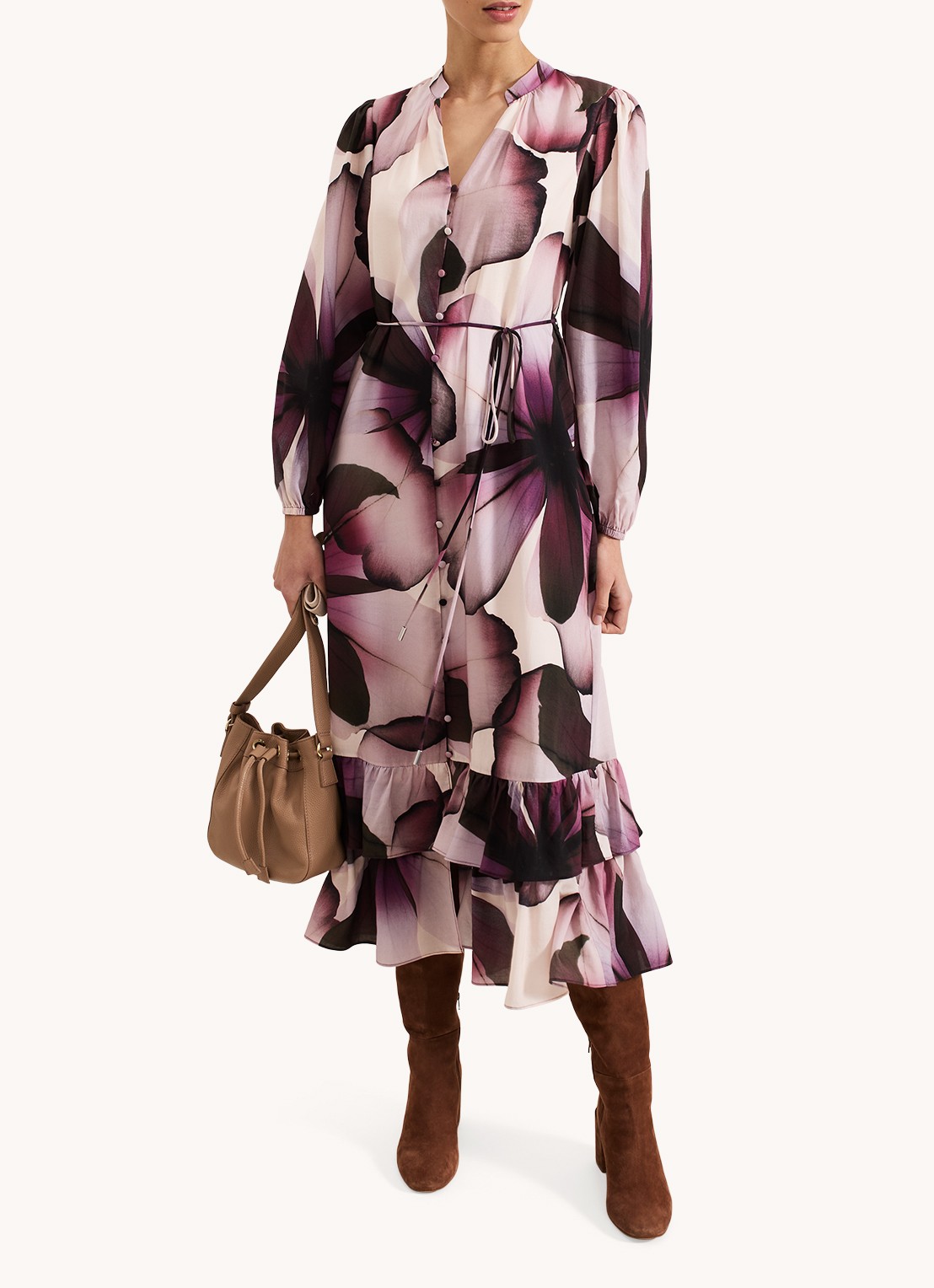Phase Eight Clarra midi blousejurk  met bloemenprint - voorkant 3 paars