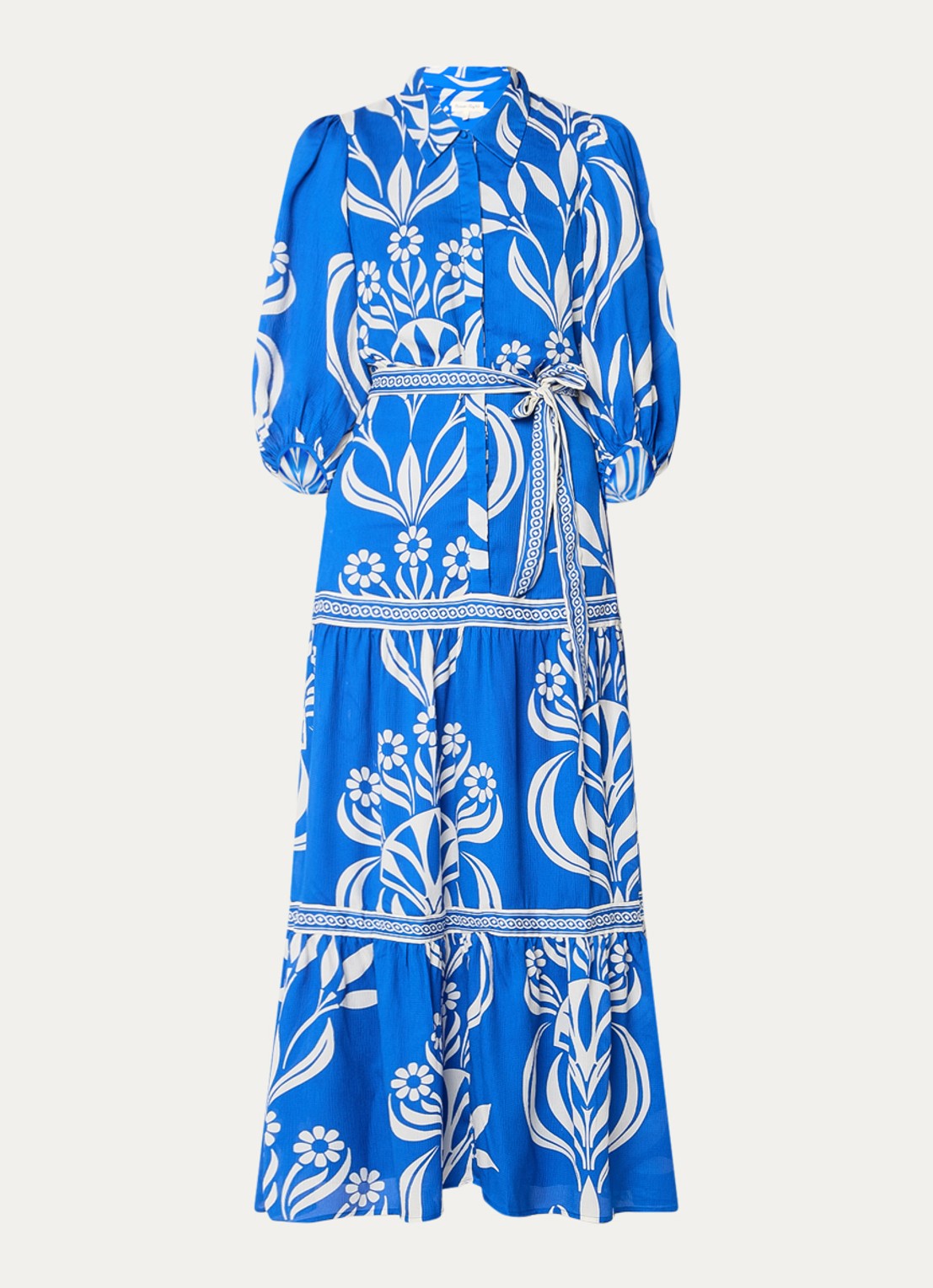 Phase Eight Coralie maxi blousejurk met print en strikceintuur - voorkant 2 kobaltblauw