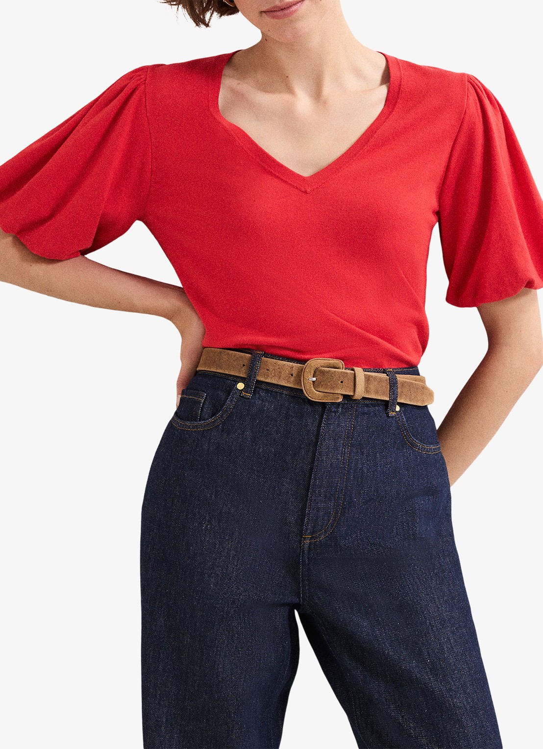 Phase Eight Courtney top met pofmouw - detail 2 koraalrood