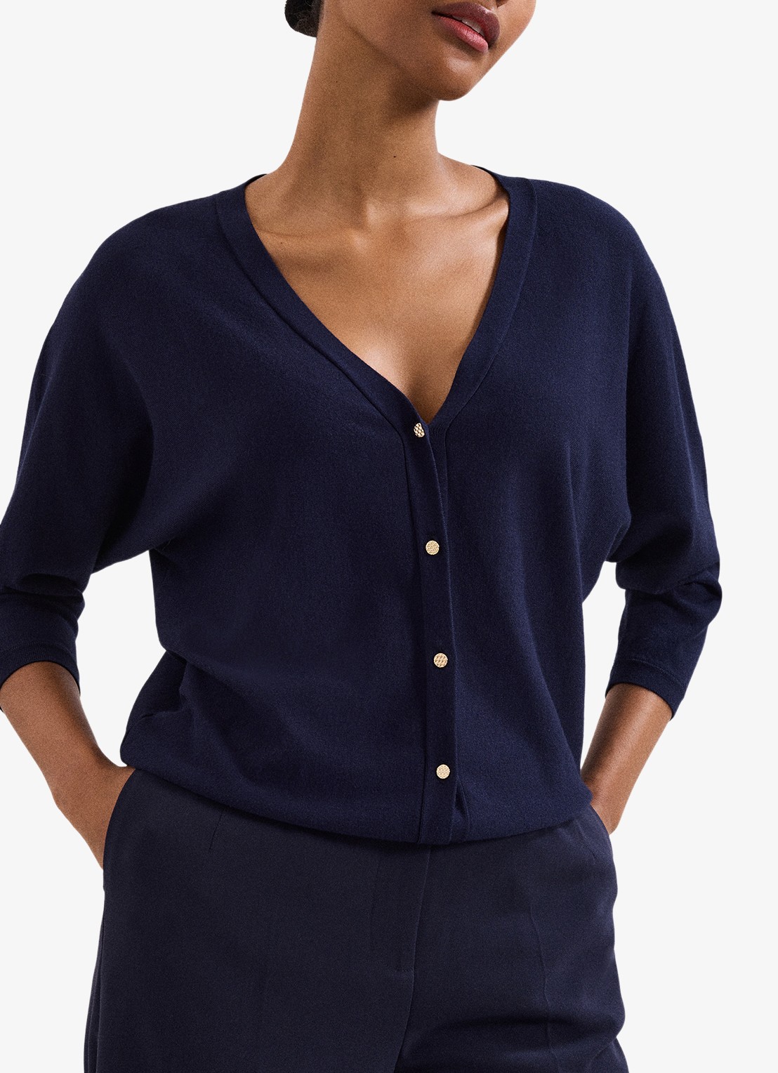 Phase Eight Cristine fijngebreid vest met vleermuismouw - voorkant 2 donkerblauw