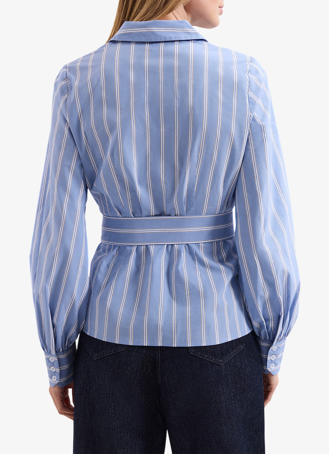 Phase Eight Dakota blouse met streepprint en strikceintuur - achterkant 8 donkerblauw