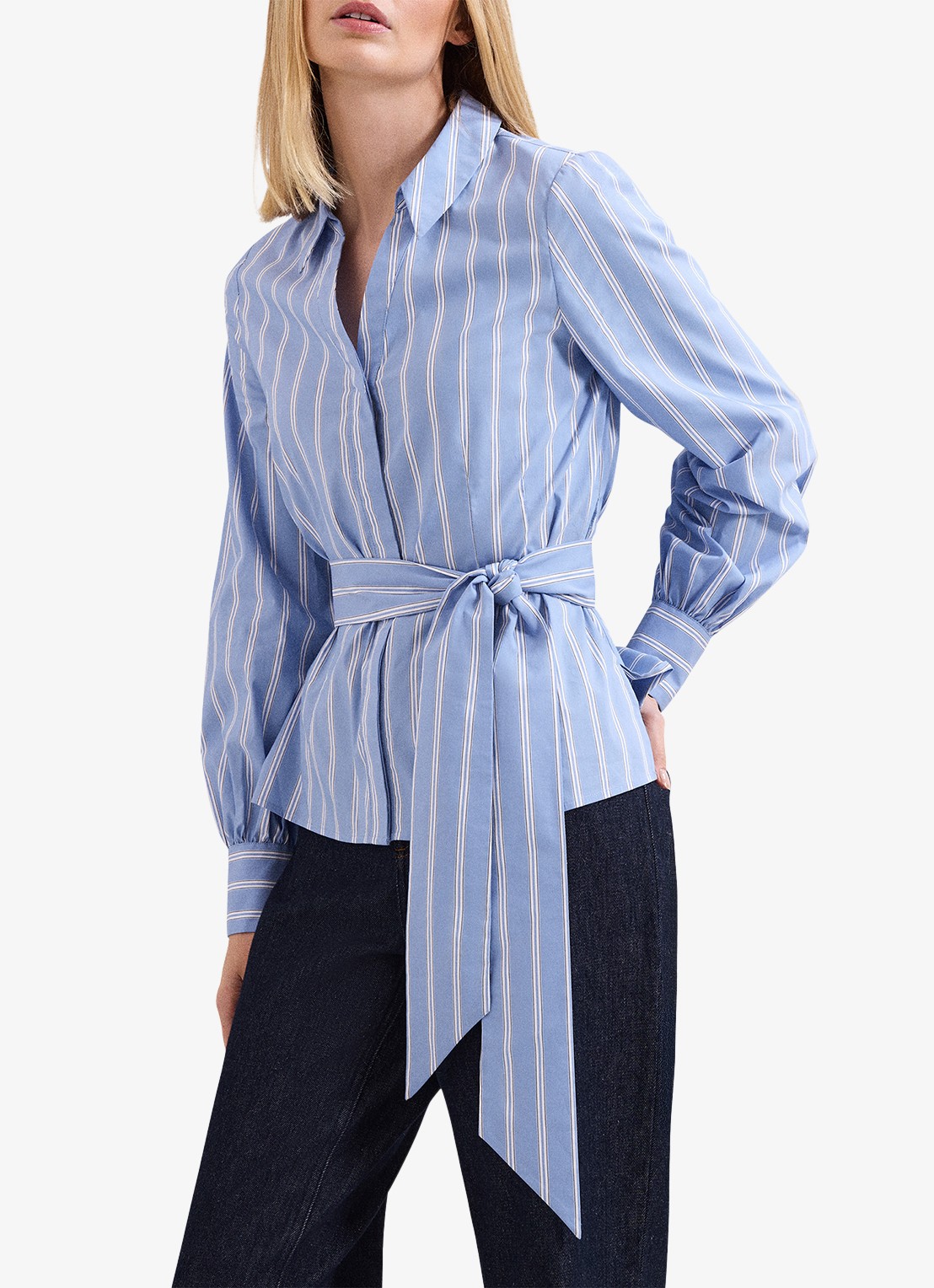 Phase Eight Dakota blouse met streepprint en strikceintuur - detail 3 donkerblauw