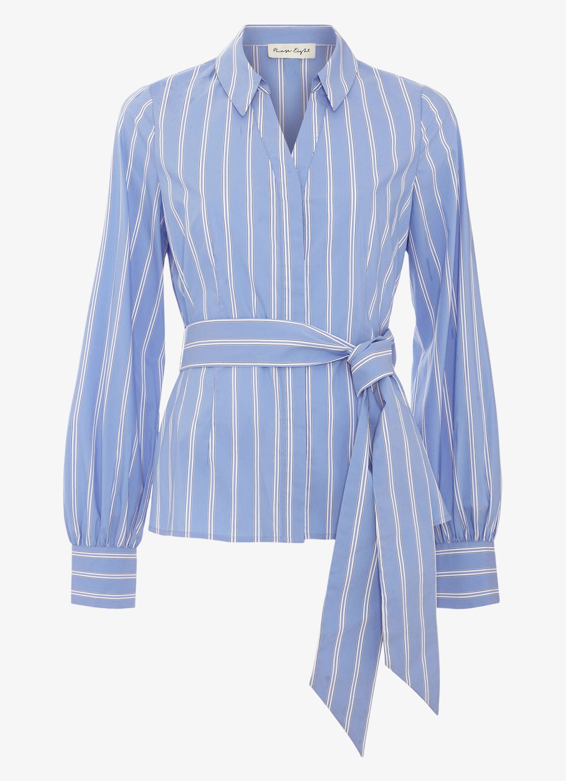 Phase Eight Dakota blouse met streepprint en strikceintuur - voorkant donkerblauw