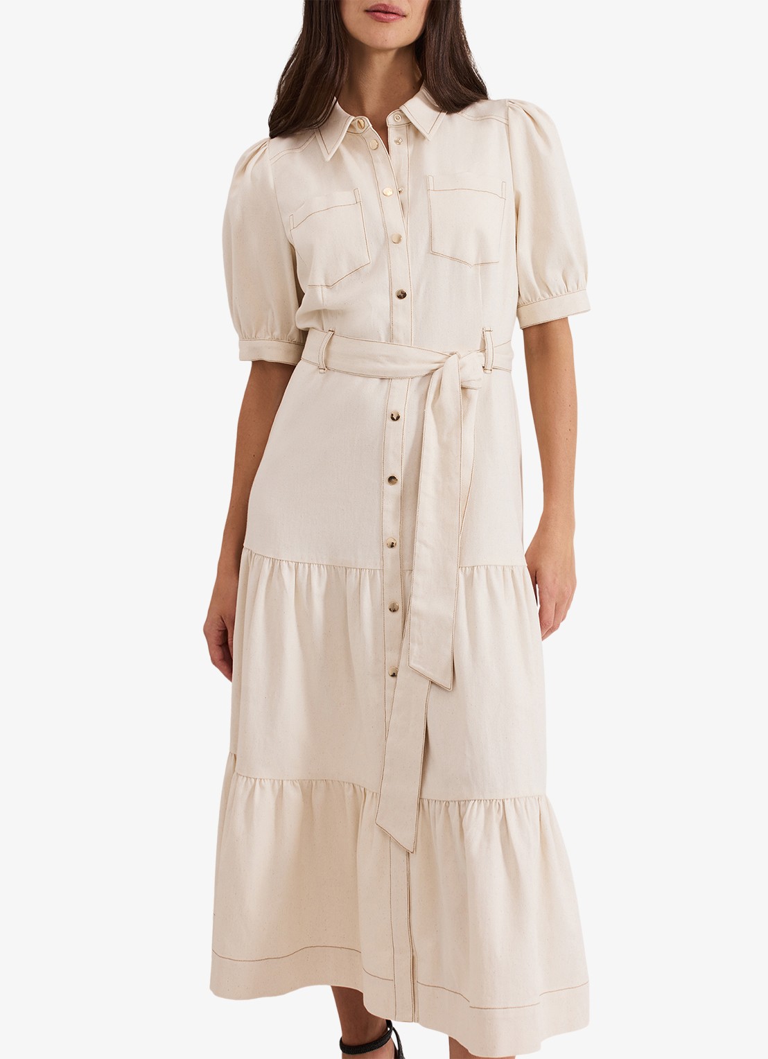 Phase Eight Danah midi blousejurk met strikceintuur - detail 2 beige