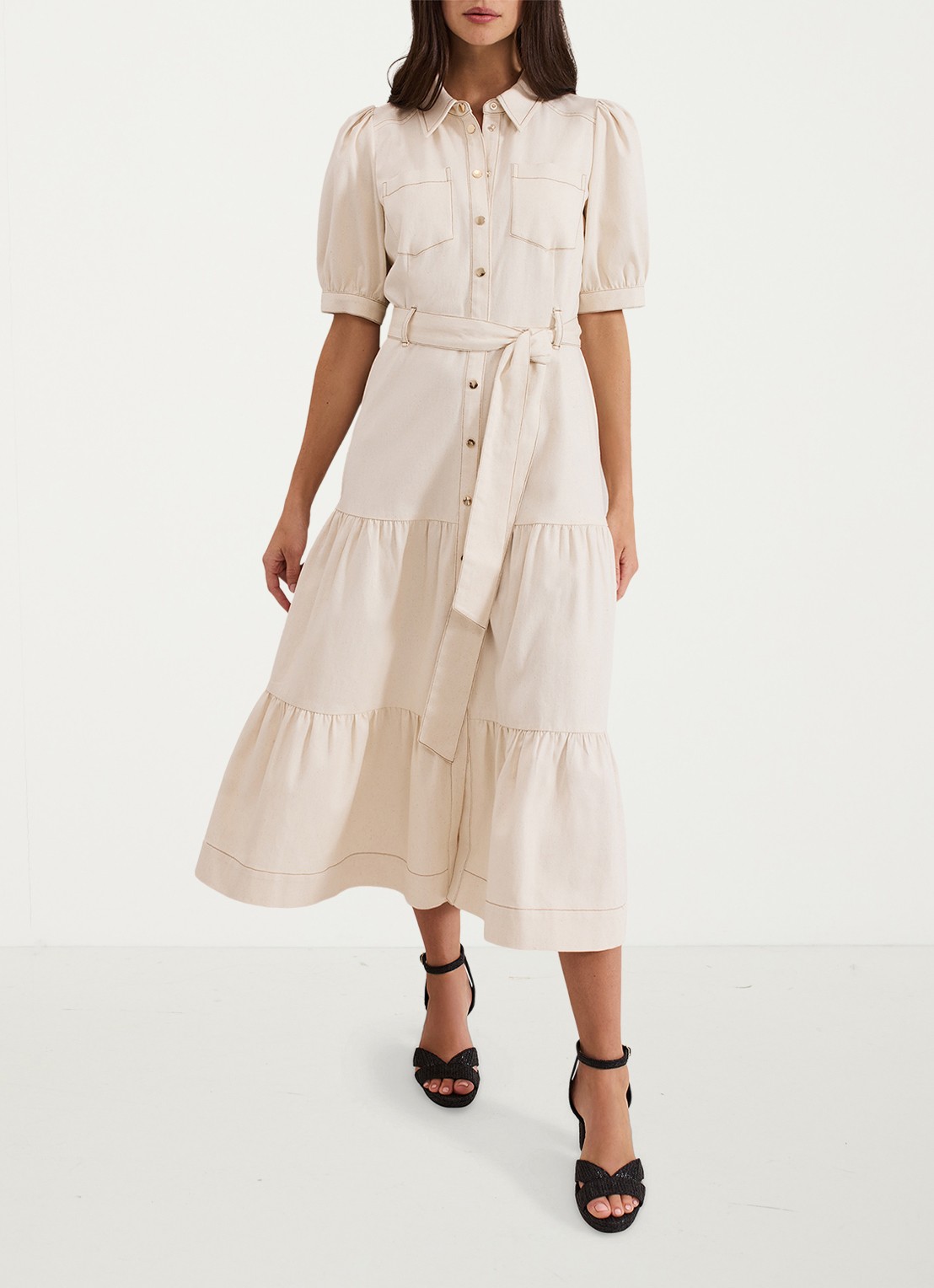 Phase Eight Danah midi blousejurk met strikceintuur - voorkant 8 beige