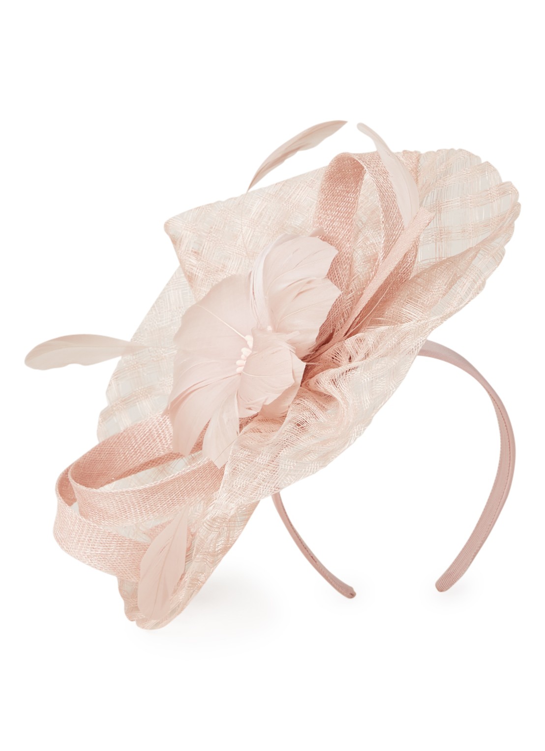 Phase Eight Danna Flower Disc Fascinator haarband met veren - voorkant 2 lichtroze