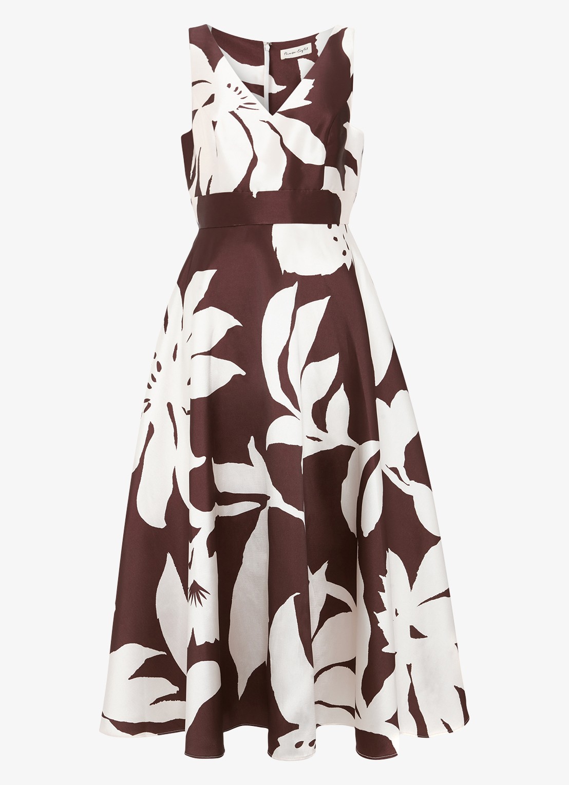 Phase Eight Delicia midi jurk met bloemenprint - voorkant chocoladebruin