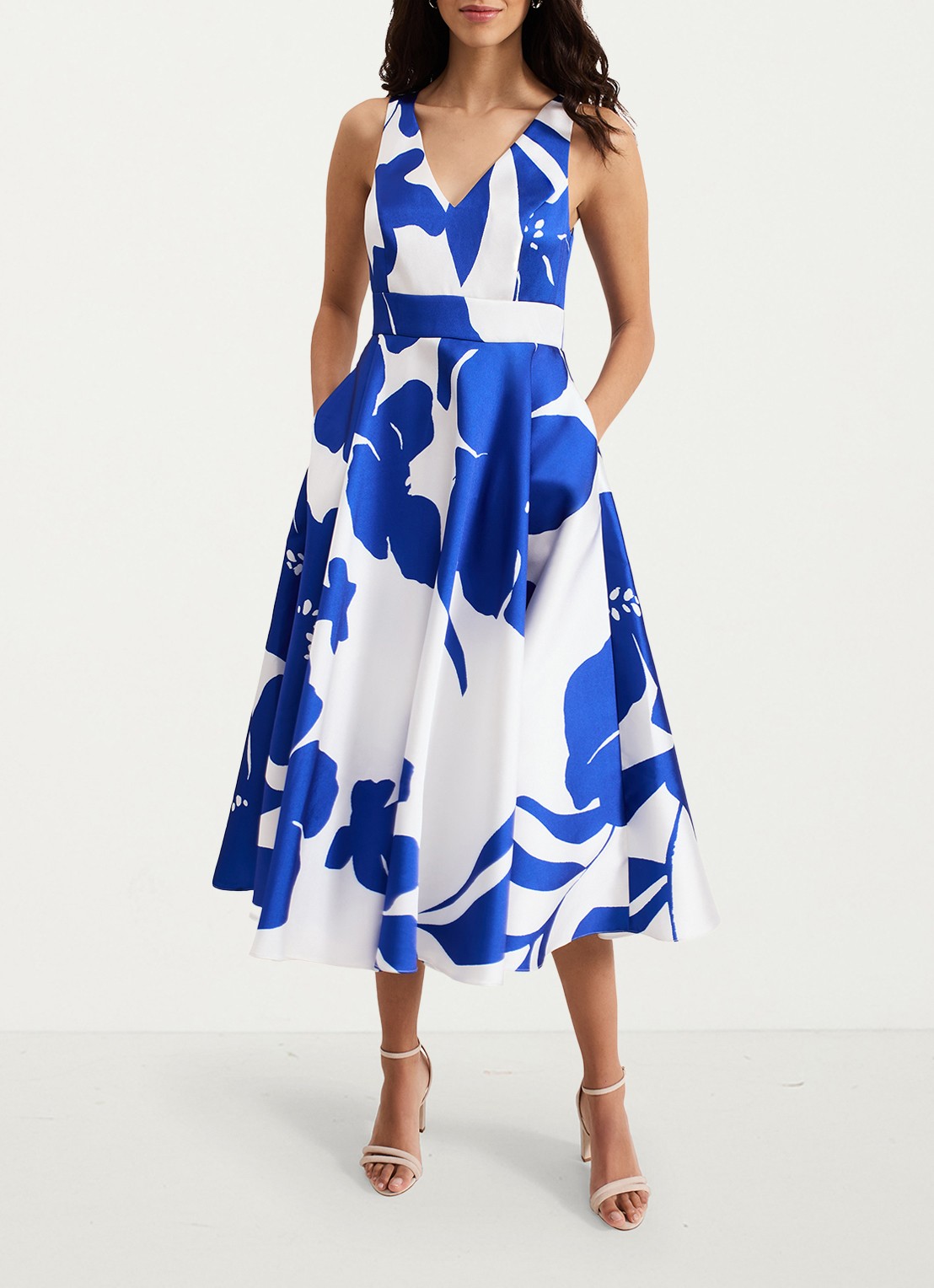 Phase Eight Delicia midi jurk met print - voorkant 2 kobaltblauw