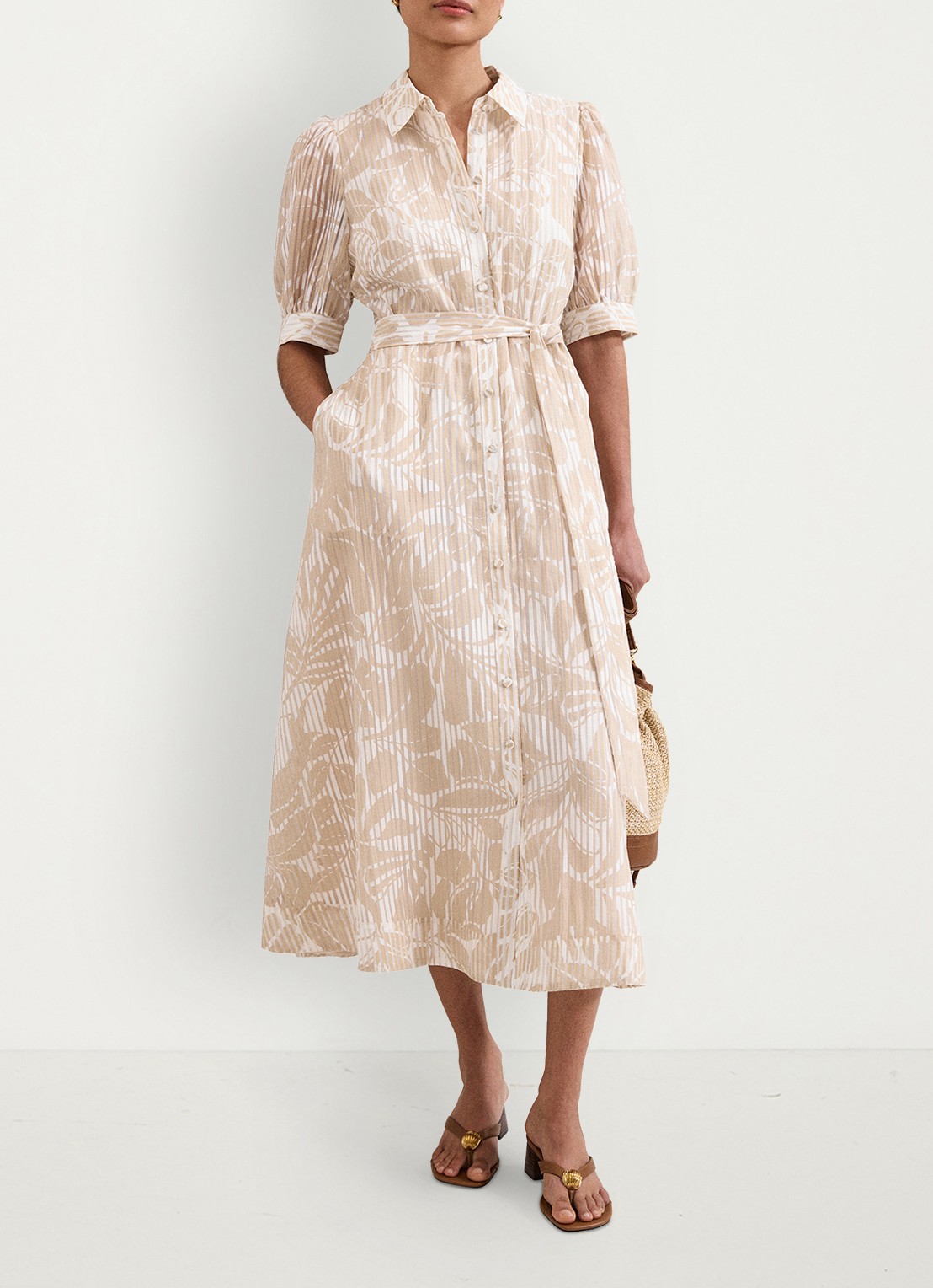Phase Eight Delphine midi blousejurk met print en pofmouw - voorkant 8 creme