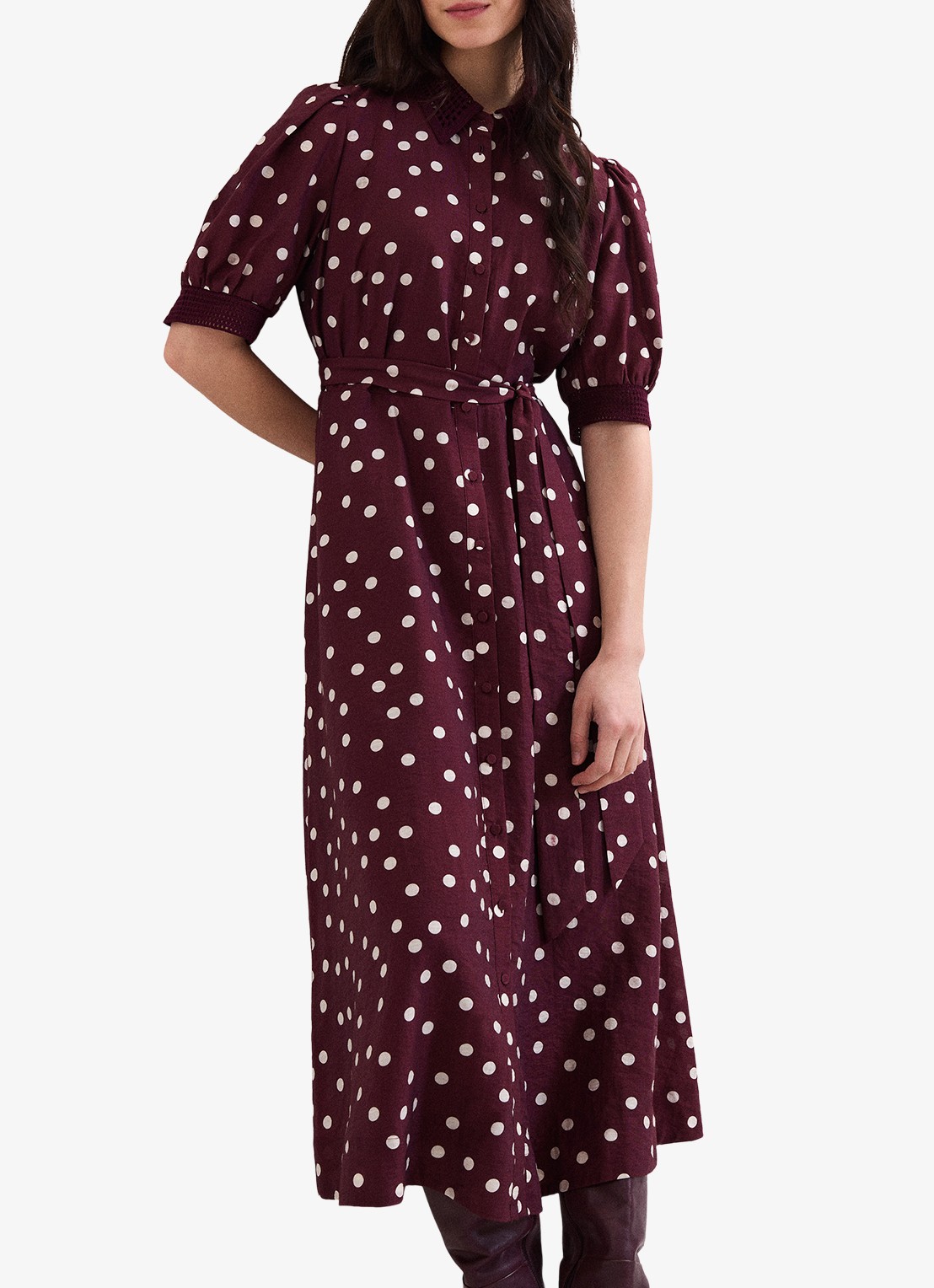 Phase Eight Delphine midi blousejurk met stippenprint en strikceintuur - detail 3 burgundy